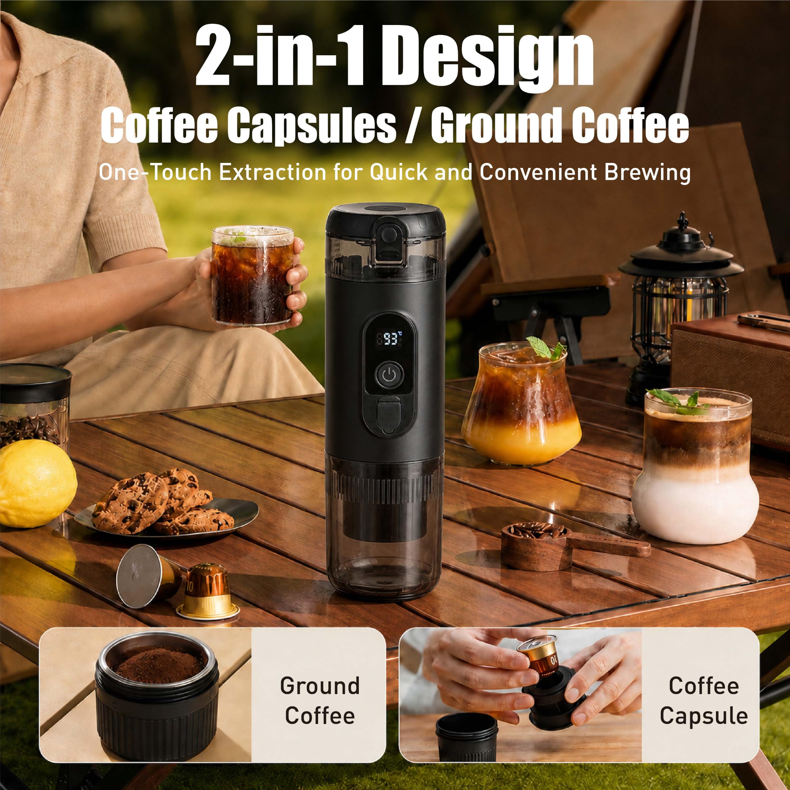 Tragbare Espressomaschine mit Akku, 2-in-1 Kaffeemaschine für unterwegs, Mini Auto Kaffeemaschine mit USB-C, kompatibel mit NS Kapseln & gemahlenem Kaffee