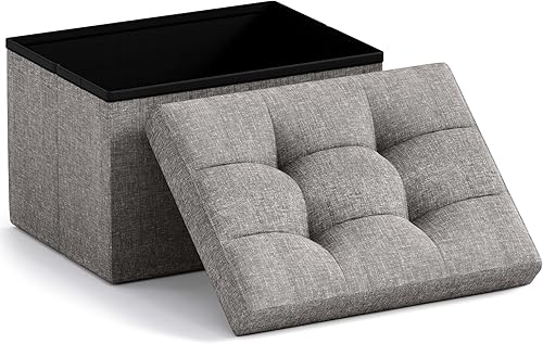 Miniatura 20 de Ornavo Home Otomana de almacenamiento pequeña, juego de 2, plegable, rectangular, de lino, otomano, reposapiés, para sala de estar, dormitorio, Azul