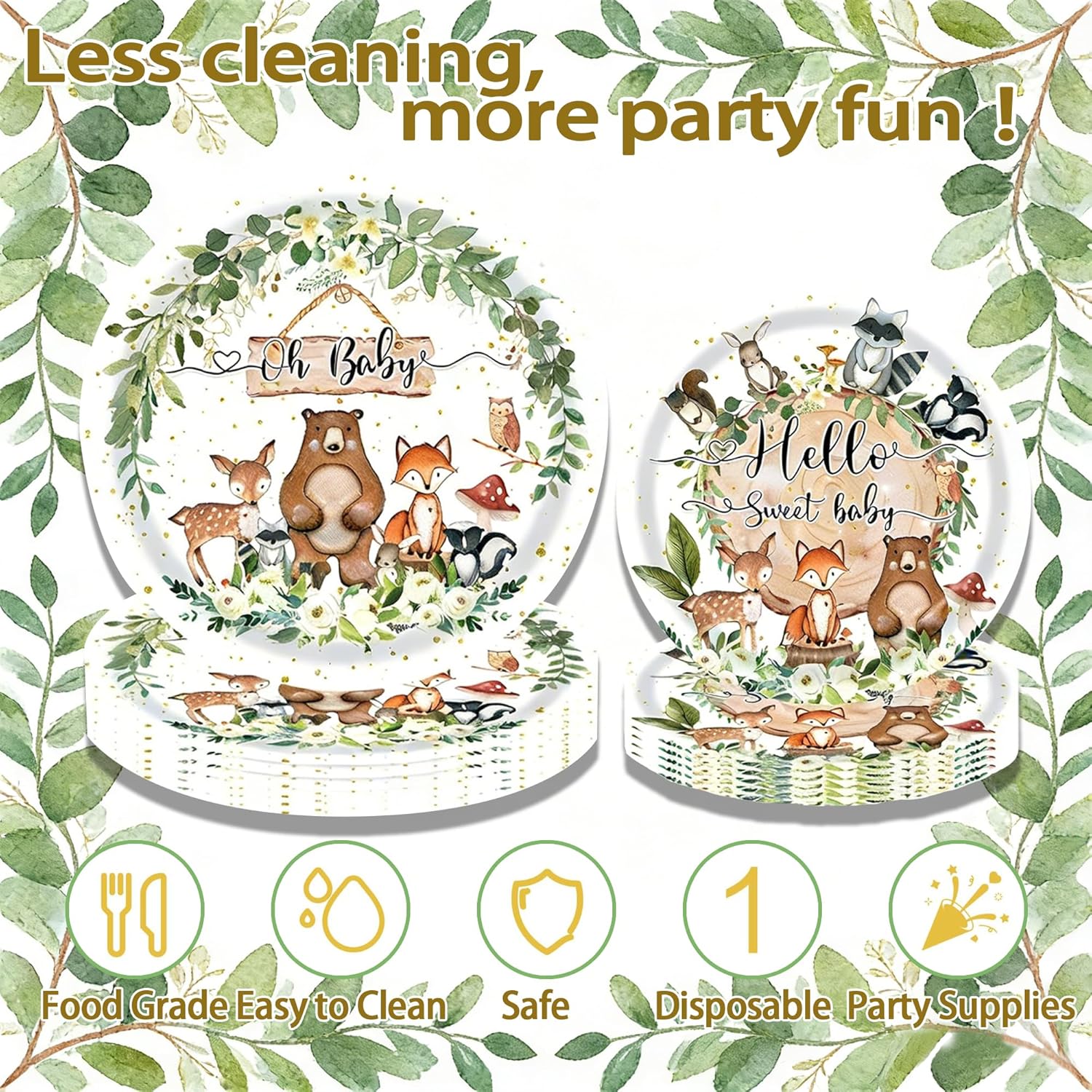 142pcs Woodland Baby Shower Tableware Set Serves 20, Sage Green Party Supplies with Plates Napkins Cups Cutlery, Wild Animal Theme Decor for Toddler Birthday, Gender Reveal & School Carnival