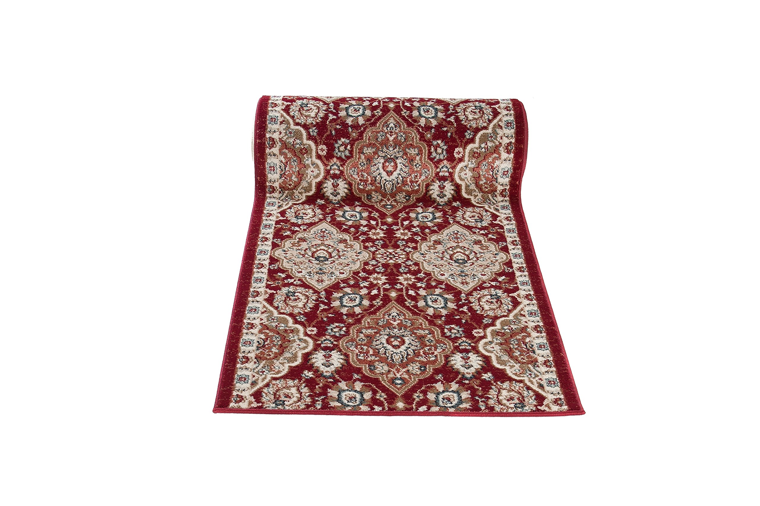 TAPISO Dubai chodnik dywan most kremowo-czerwony z klasyczną ornament kwiatowy wzór na korytarz, pokój dzienny, wejście do mieszkania ÖKOTEX 100 x 1500 cm