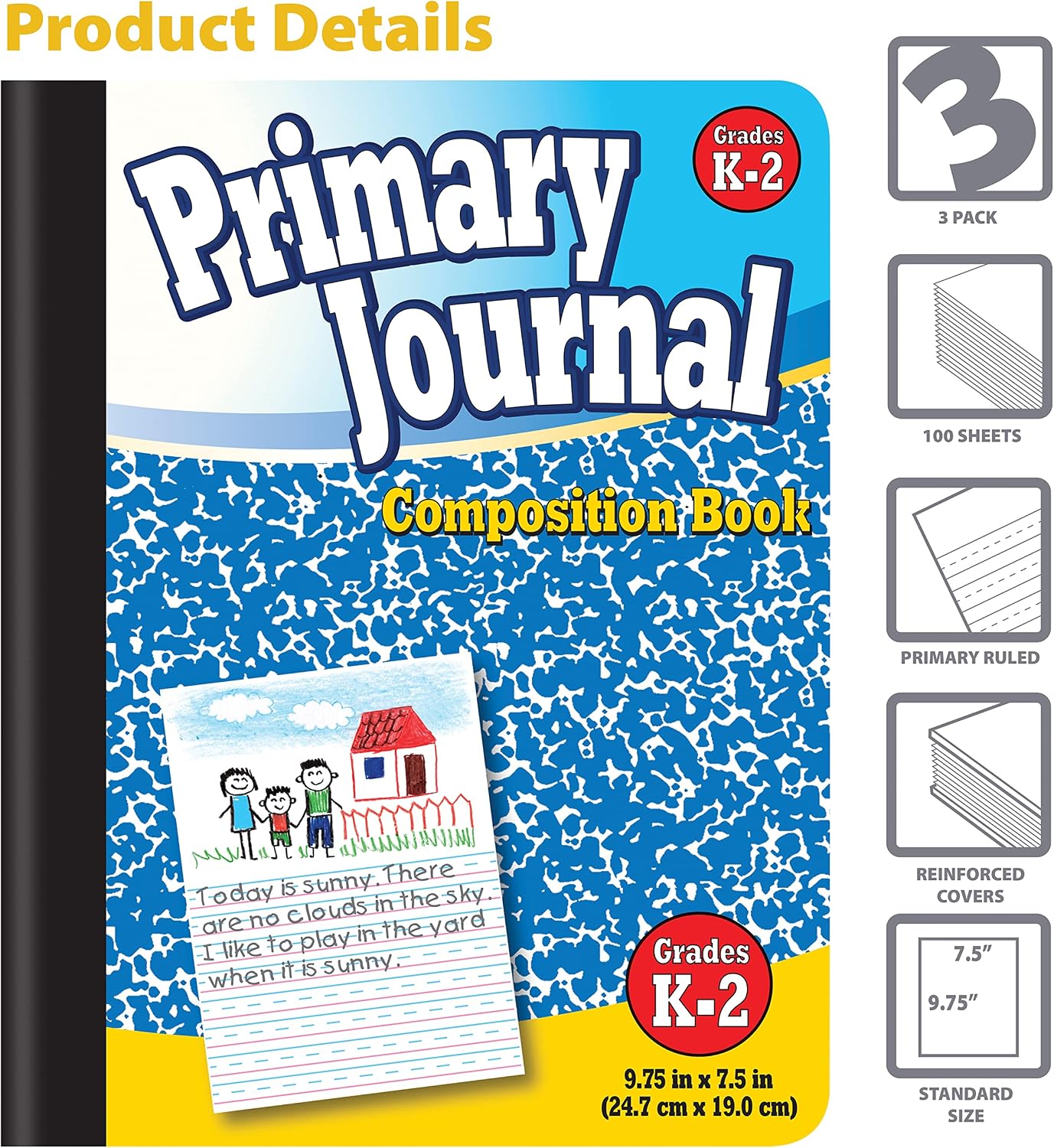 Better Office Products Primary Journal, Hardcover, Primary Composition Book Notebook - Grades K-2, 100 Sheet, One Subject, 9.75" x 7.5", Blue Cover-3 Pack