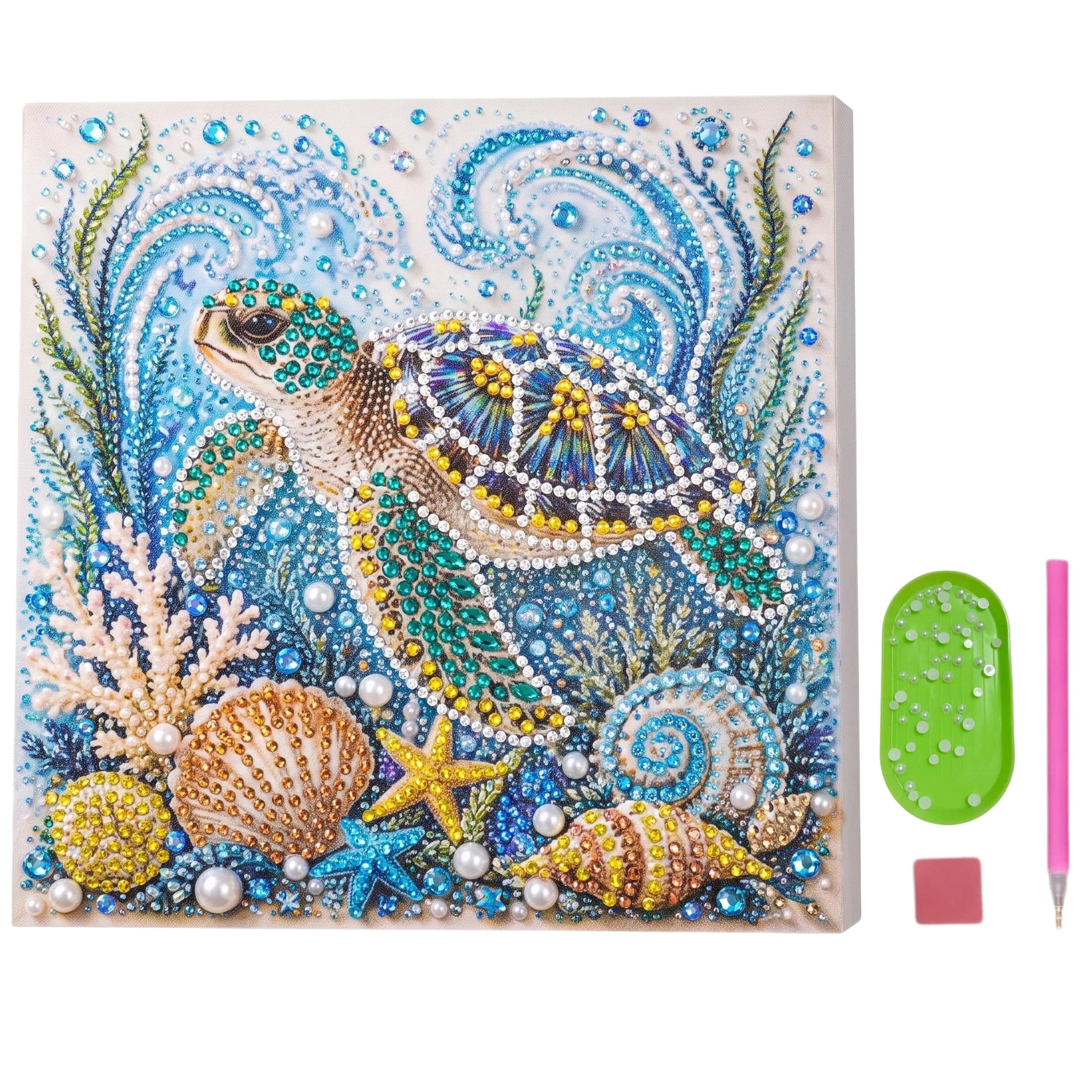 Pearl Art Kits for Adults, Ocean Theme 20x20cm Small Diamond Art Kits for Adults: Turtle Canvas Crafts & DIY Accessories, Beginner Friendly Wall Art, Home Decor Ornaments for Indoor, DIY Gift