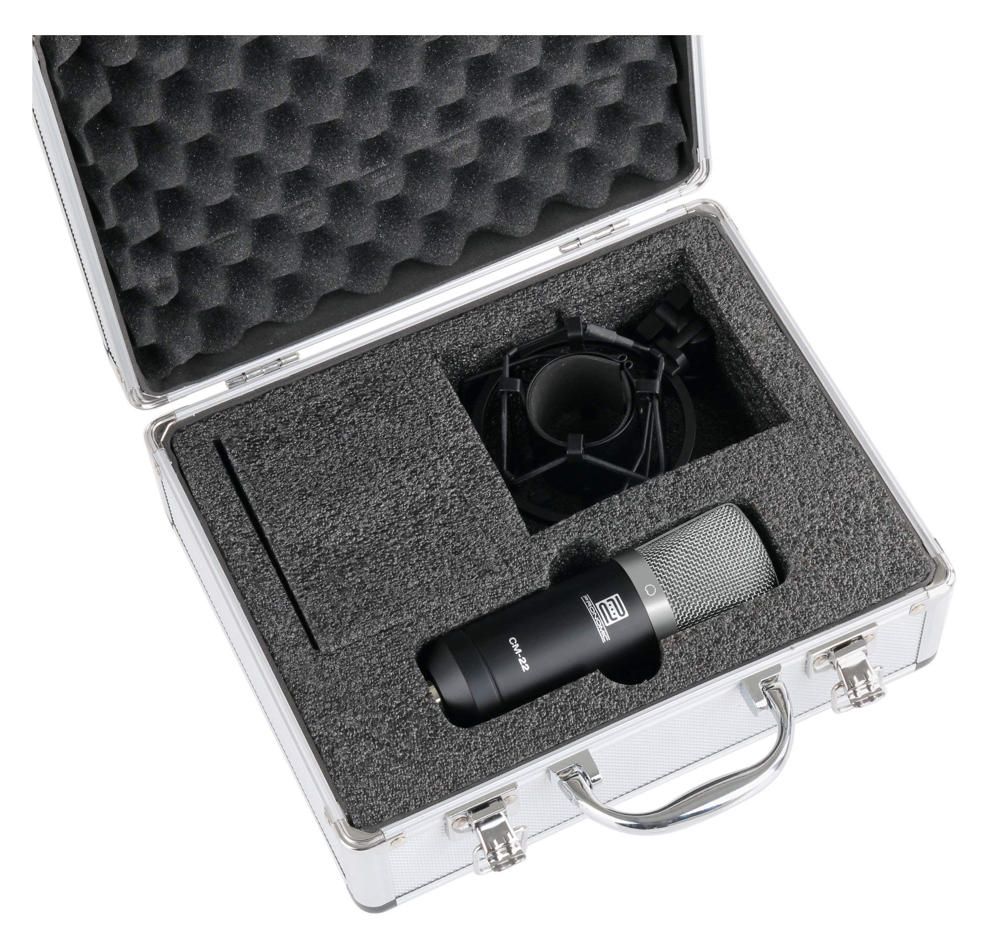 Pronomic CM-22 Studio Großmembranmikrofon XLR-Kondensatormikrofon inkl. Popkiller SET (inkl. Mikrofonspinne, Etui, Windschutz, Transportkoffer, Reduziergewinde und Mikro Popschutz gold) schwarz