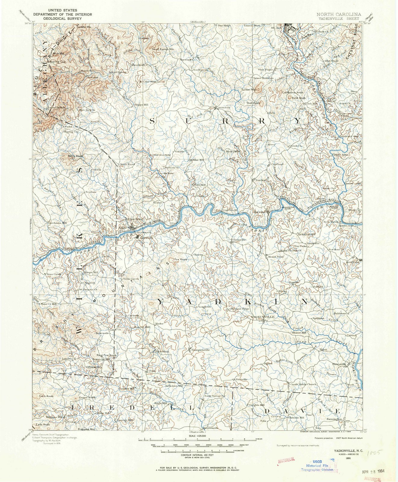 1891 Yadkinville, NC - North Carolina - USGS Historical Topographic Map : 44in x 55in