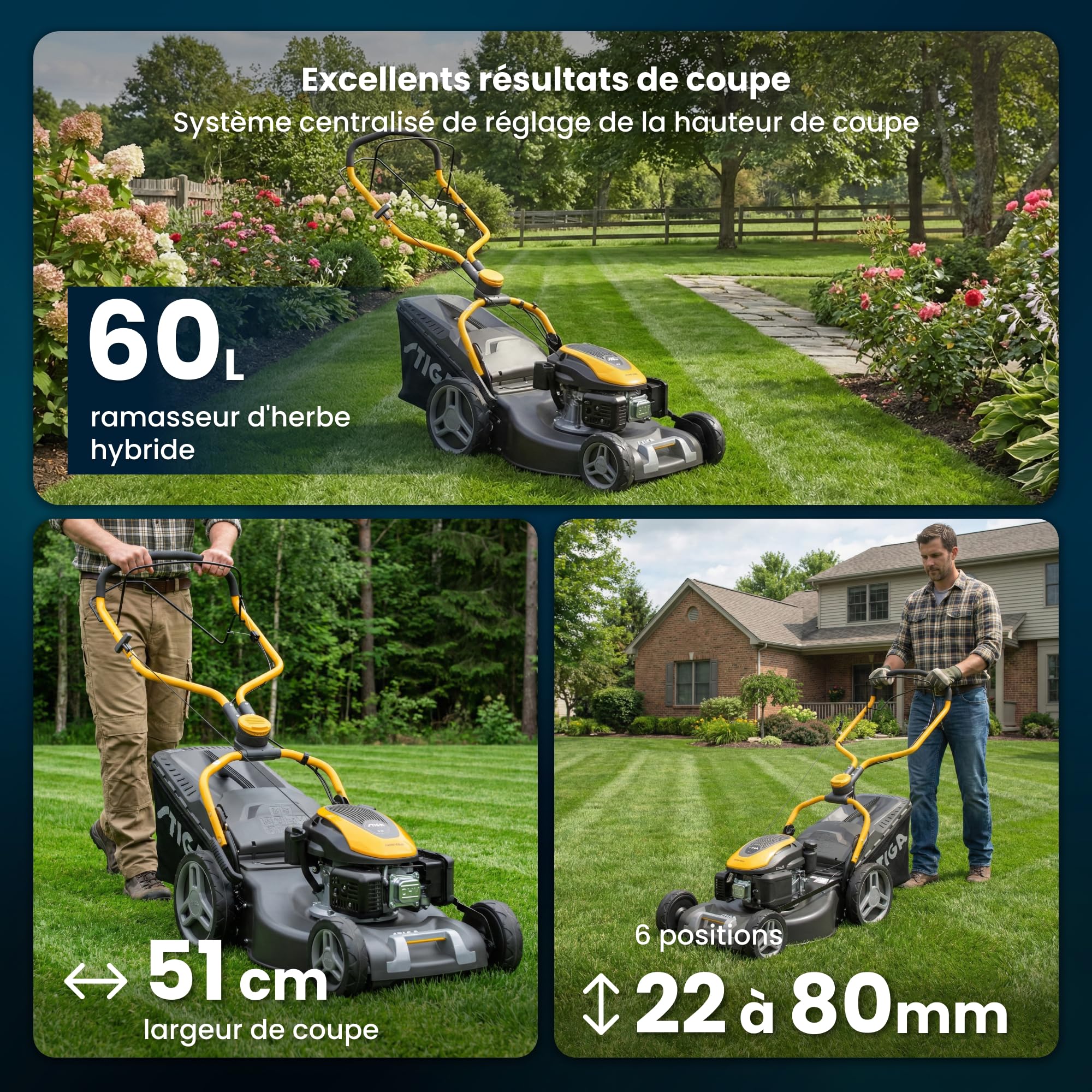 STIGA Combi 553 S Tondeuse à Gazon tractée - Moteur 166cc, Largeur de Coupe 51cm, bac de ramassage 60L, système de Coupe 3 en 1, Gris
