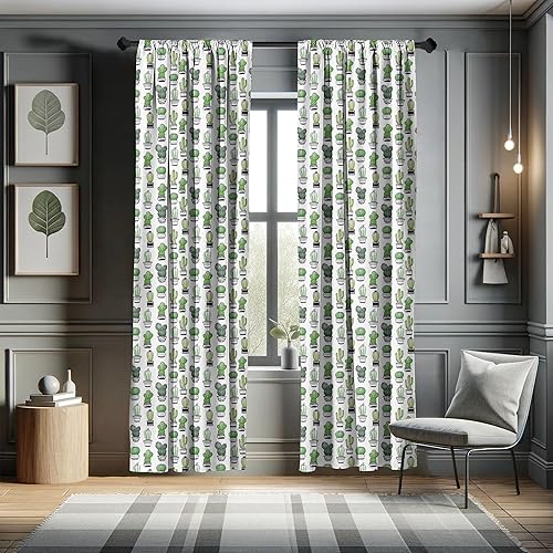 Miniatura 5 de Ambesonne Cortinas de ventana de cactus, patrón de follaje dibujado a mano con diseño de cerámica ornamental, estilo de boceto, decoración ligera,