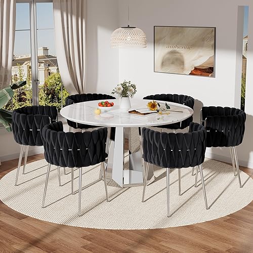 Miniatura 19 de Moderno juego de mesa redonda de comedor para 4, juego de mesa de comedor de mármol blanco de 5 piezas, mesa de comedor dorada de lujo y 4 sillas