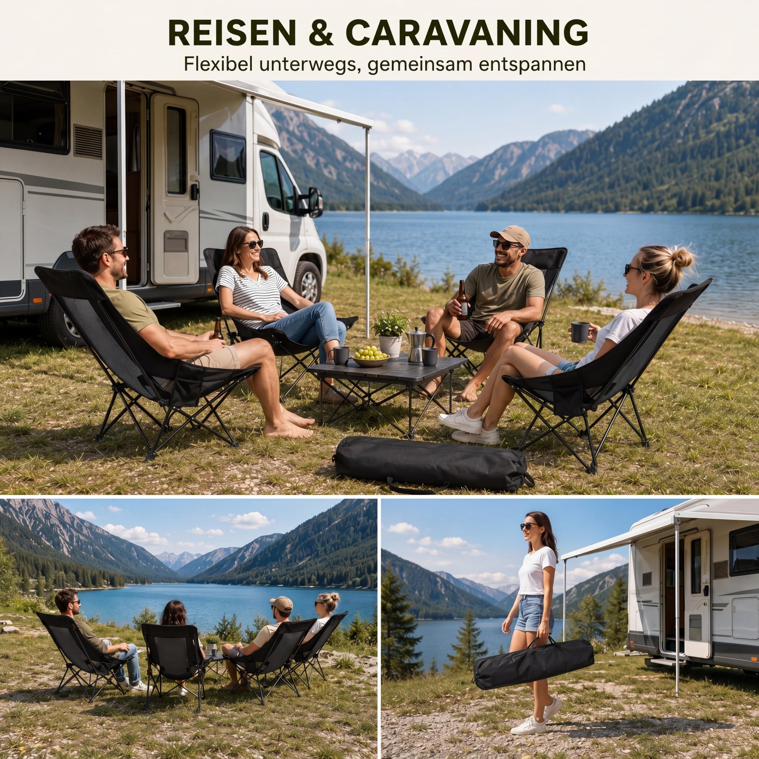 Jadive Set 4 Sedie da Campeggio 2 in 1 con Poggiapiedi 150kg – Sedia Pieghevole con Schienale Regolabile 3 Posizioni, Poltrona Relax per Campeggio, Spiaggia e Outdoor