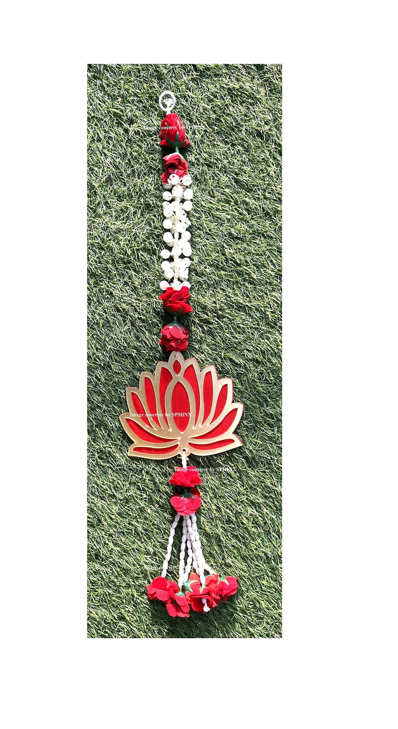 SPHINX MDF Lotus cut outs, lotus hangings with artificial jasmine (mogra) and red roses garlands Decorative Latkans,Easy Simple Backdrop Hangings for Decorations- (2 Pieces)