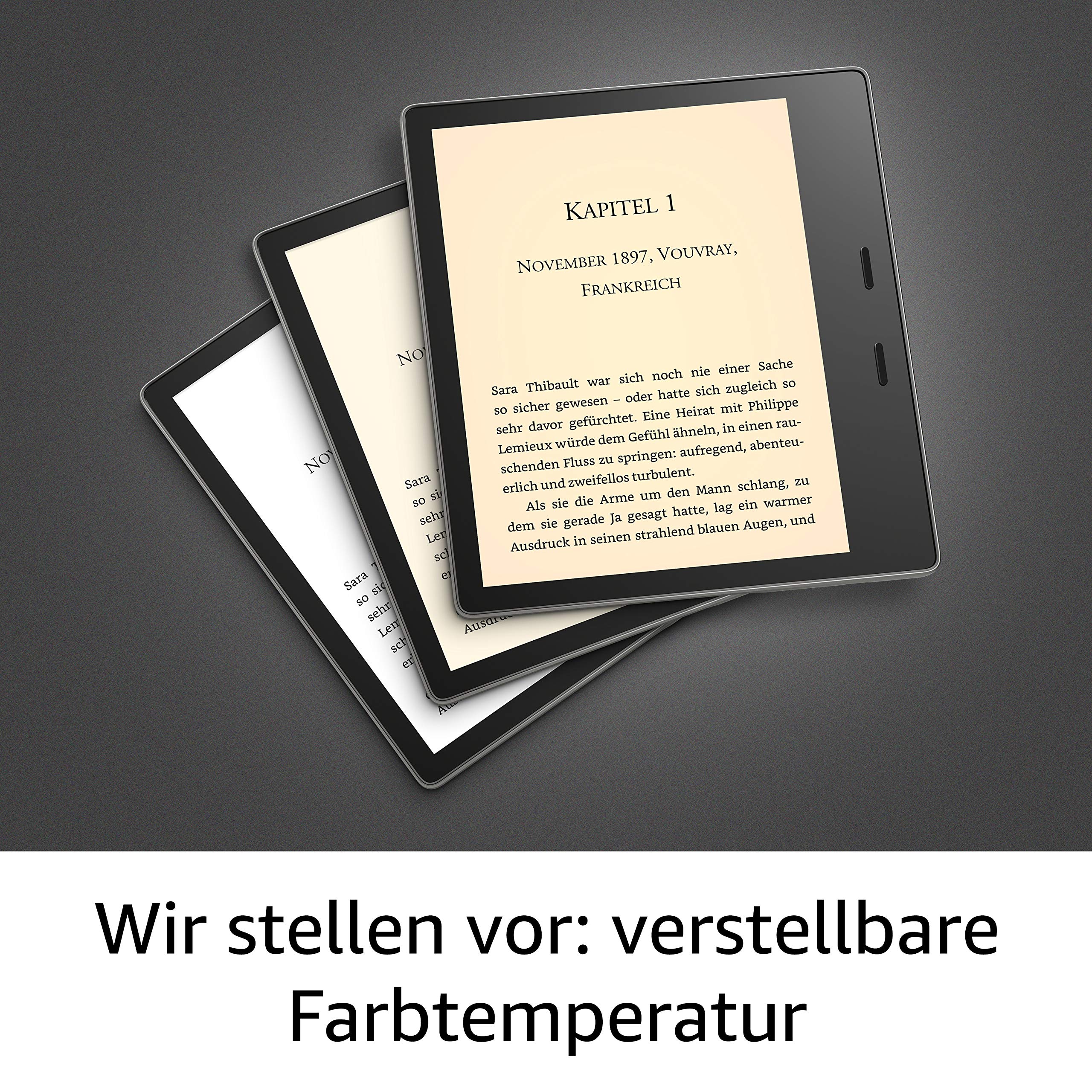 Kindle Oasis, Leselicht mit verstellbarer Farbtemperatur, wasserfest, 32 GB, WLAN, gratis Mobilfunkverbindung + WLAN, Grafit