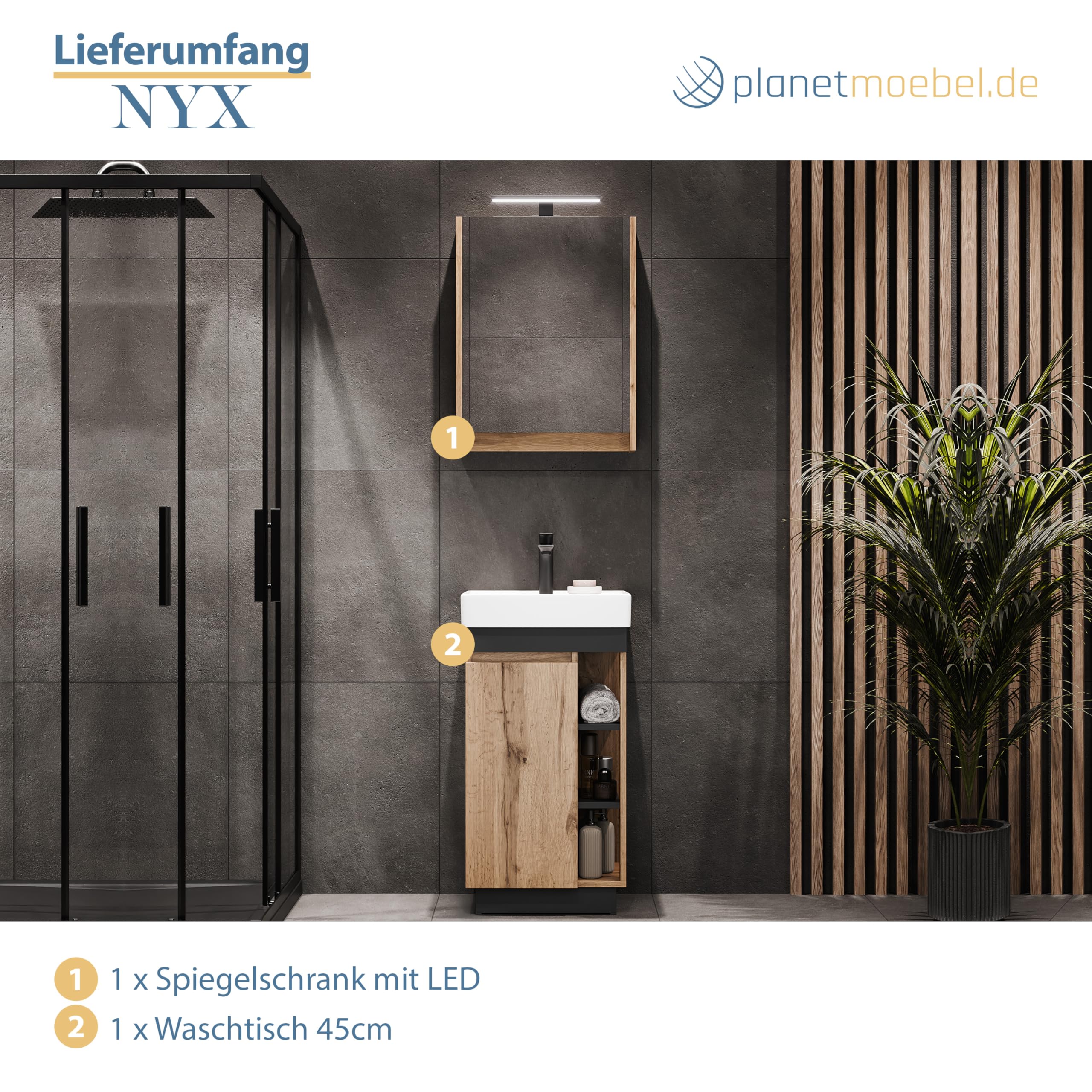 Planetmöbel Nyx Ensemble de Meubles de Salle de Bain 2 pièces Lavabo Meuble sous Vasque 45 x 85,9 x 42 cm Chêne Wotan/Anthracite avec Armoire de Toilette 50 x 65 x 11,4 cm avec Lampe LED apparente