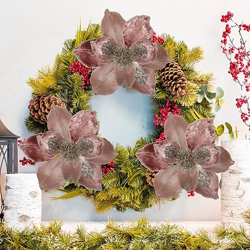 Miniatura 6 de Briful Juego de 3 flores artificiales gigantes de 10 pulgadas con purpurina de magnolia con tallos largos para decoración navideña del árbol de