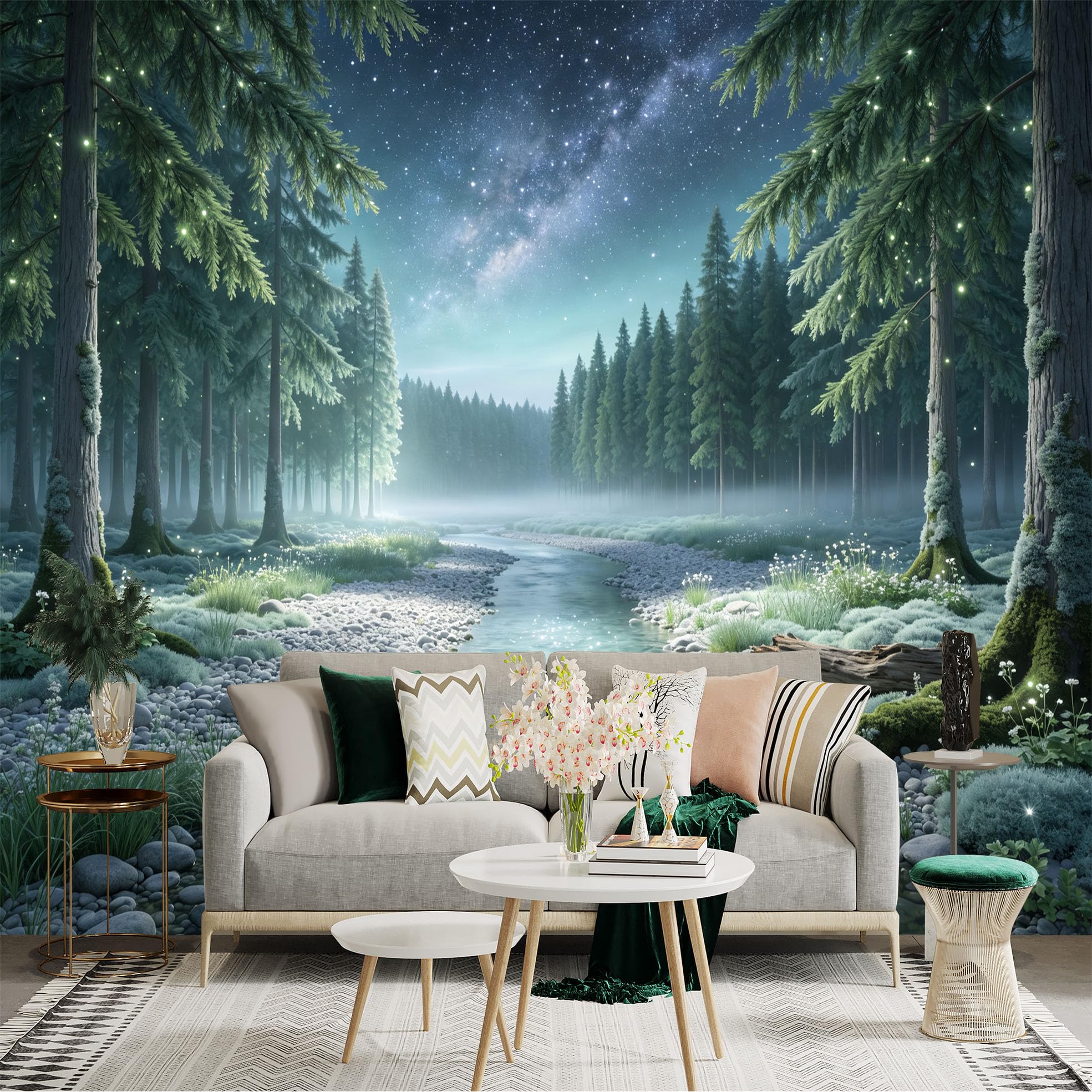 Custom Size Wall Sticker Mural， Enchanted Forest Stream， Glowing Fireflies， Milky Way Night Sky， Misty Woodland Scenery， for wall Decoration， peelandstick wall Decals.