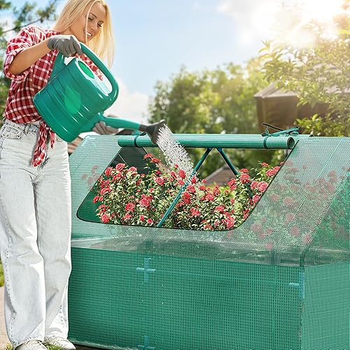 YITAHOME Cama de jardín elevada galvanizada extra grande de 7.5 x 4 x 4 pies con cubierta, kit de 3 formas de bricolaje, 2 ventanas con cremallera,