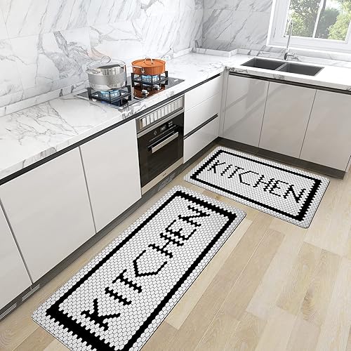 Juego de 2 alfombras de cocina acolchadas en blanco y negro, antifatiga, impermeables, antideslizantes, alfombras de cocina, alfombras de cocina de