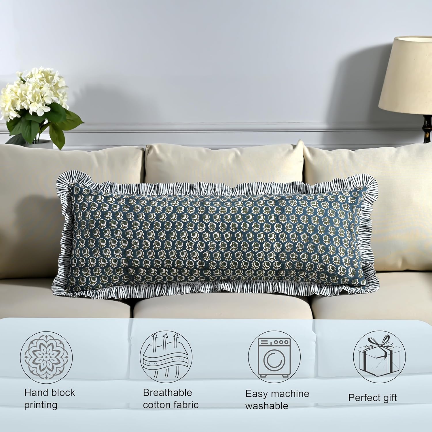 Ridhi Block Print Peacock Blue 36"x14" Set 1-100% Cotton Ruffle Lumbar Sham Cover Boho Floral Pillowcase, Farmhouse Cottagecore Bedding, Soft Decorative Cover Gift for Spring, Easter, Valentine - Image 5