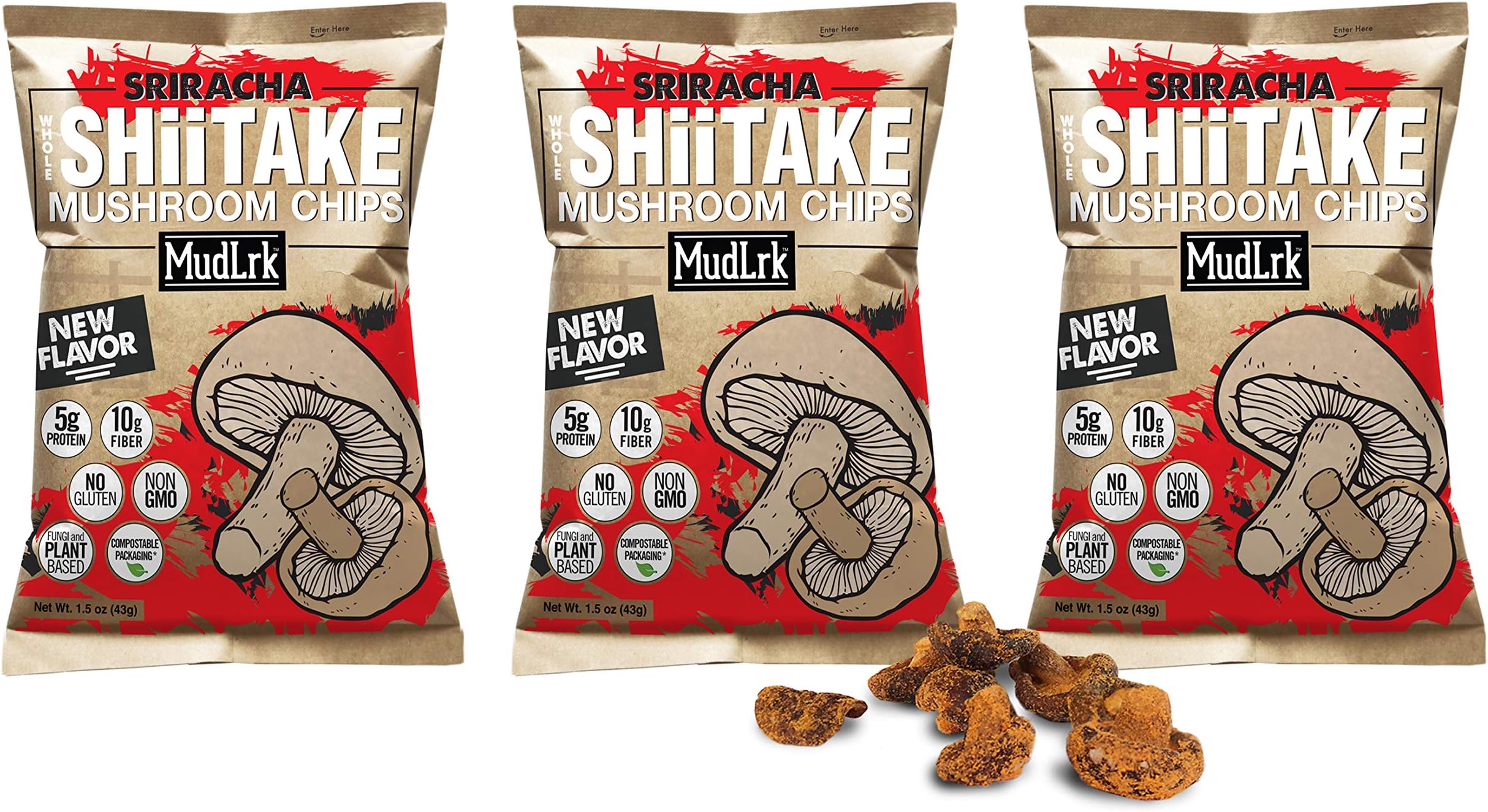 MudLrk Sriracha Shiitake Mushroom Chips Pack of 3 – Crunchy Whole Mushroom Snacks– Non-GMO, Vegan, Gluten-Free, Plant Based Chips