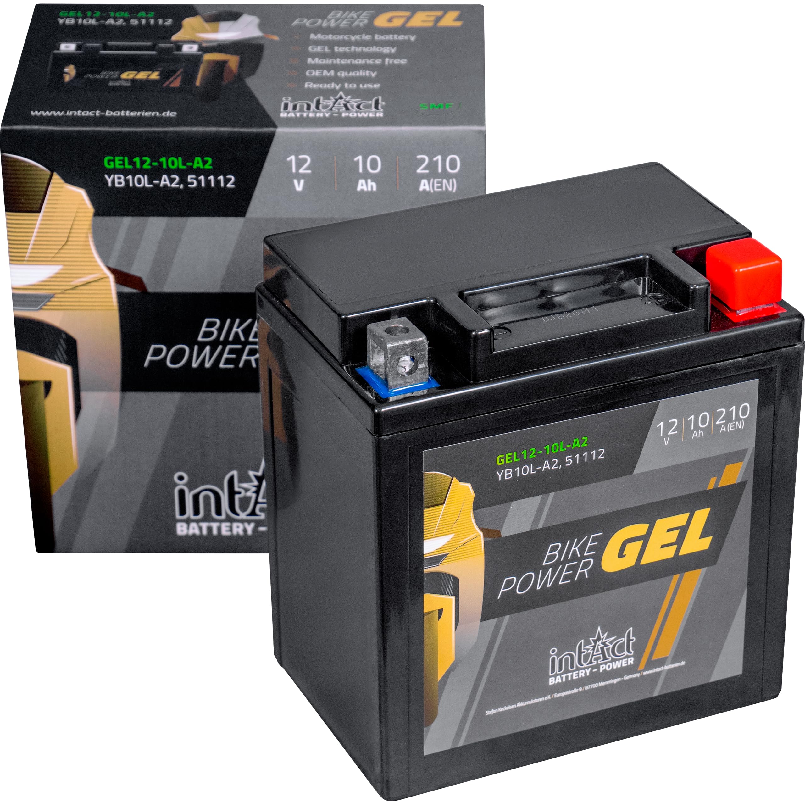 intAct - Bike-Power GEL12-10L-A2, CB10L-A2, 51112, Batería de moto 12V 10 Ah 210 A (EN), Batería de gel de moto sin mantenimiento con un 30% más de potencia de arranque, para scooter, moto, quad