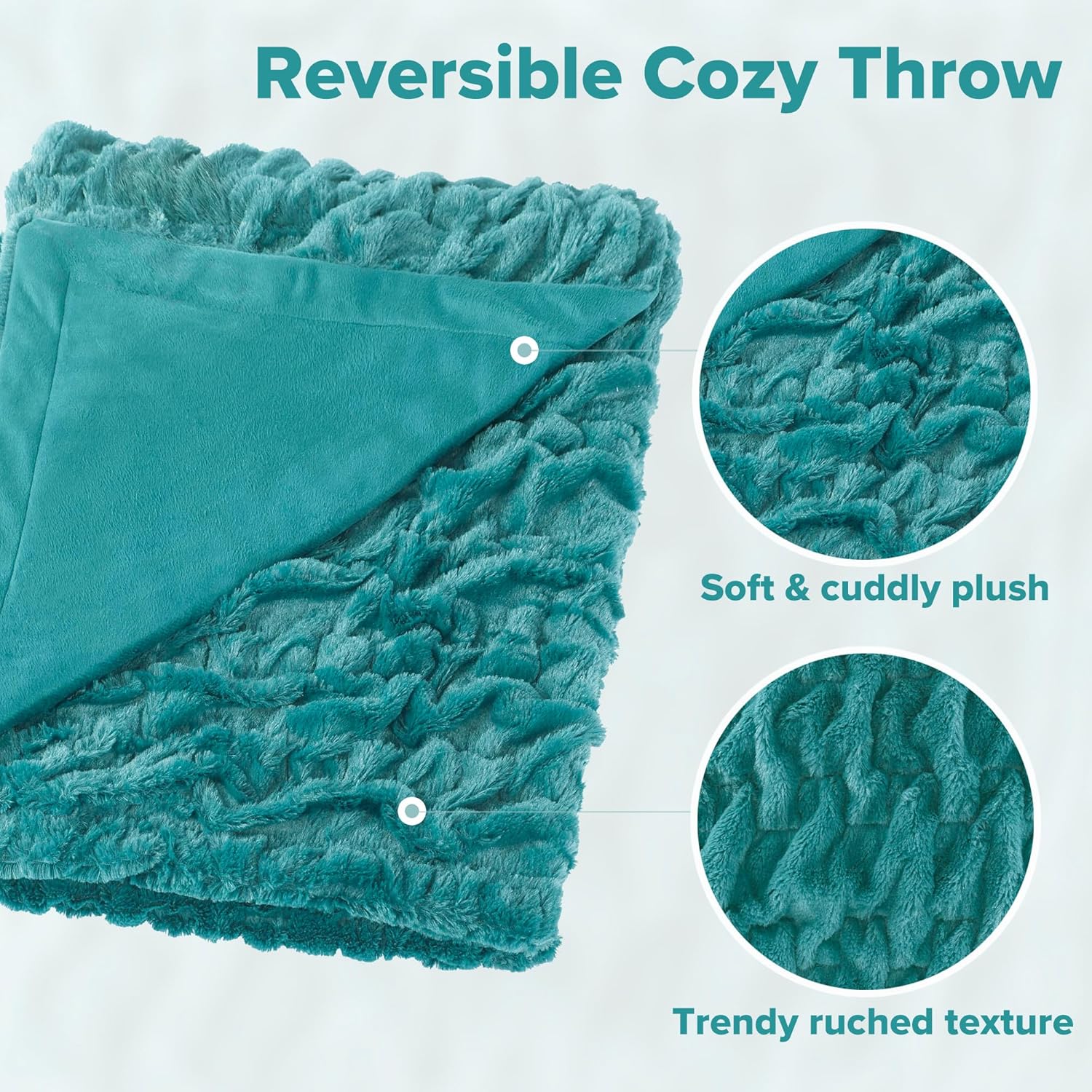 Comfort Spaces Ruched Faux Fur Plush Throw Blanket and Pillow Set with 2 Matching Square Pillow Covers Sofa Throw Blanket for Living Room, Chair, Couch, Home Office Luxurious Fuzzy Soft Teal 50"x 60" - Image 9