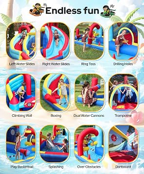 ELEMARA Speed Racer 15-in-1 Inflatable Water Slide Bounce House for Big Kids, 191x175in Double Slide Water Park w/Climbing Wall, Splash Pool,Water Cannon,Basketball,Dartboard & Boxing Post,750W Blower