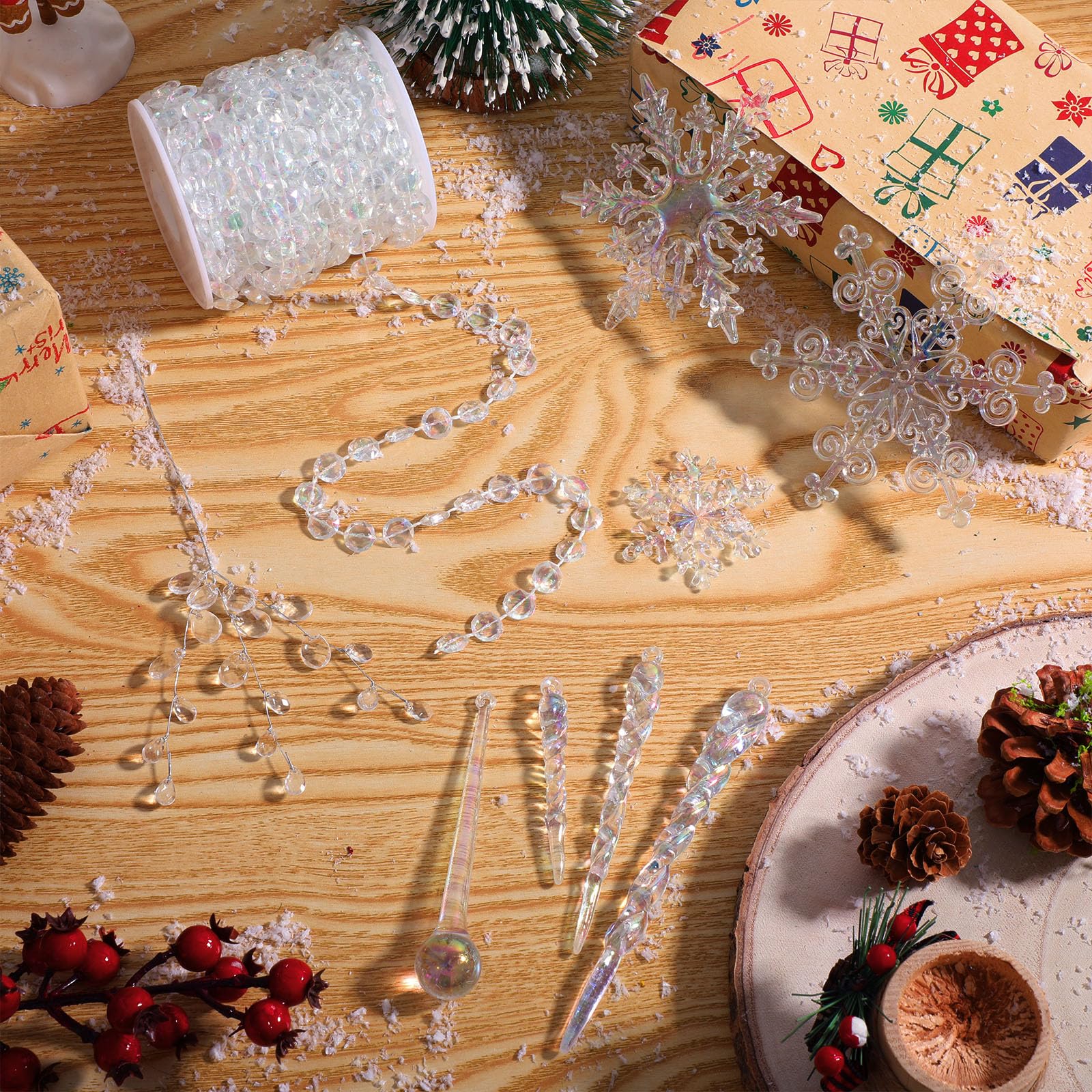 Chunful 70 adornos de Navidad iridiscentes de cristal para decoración de árbol, 8 estilos colgantes de acrílico transparente, colgantes de carámbano, cadena de guirnalda de cuentas de 33 pies para