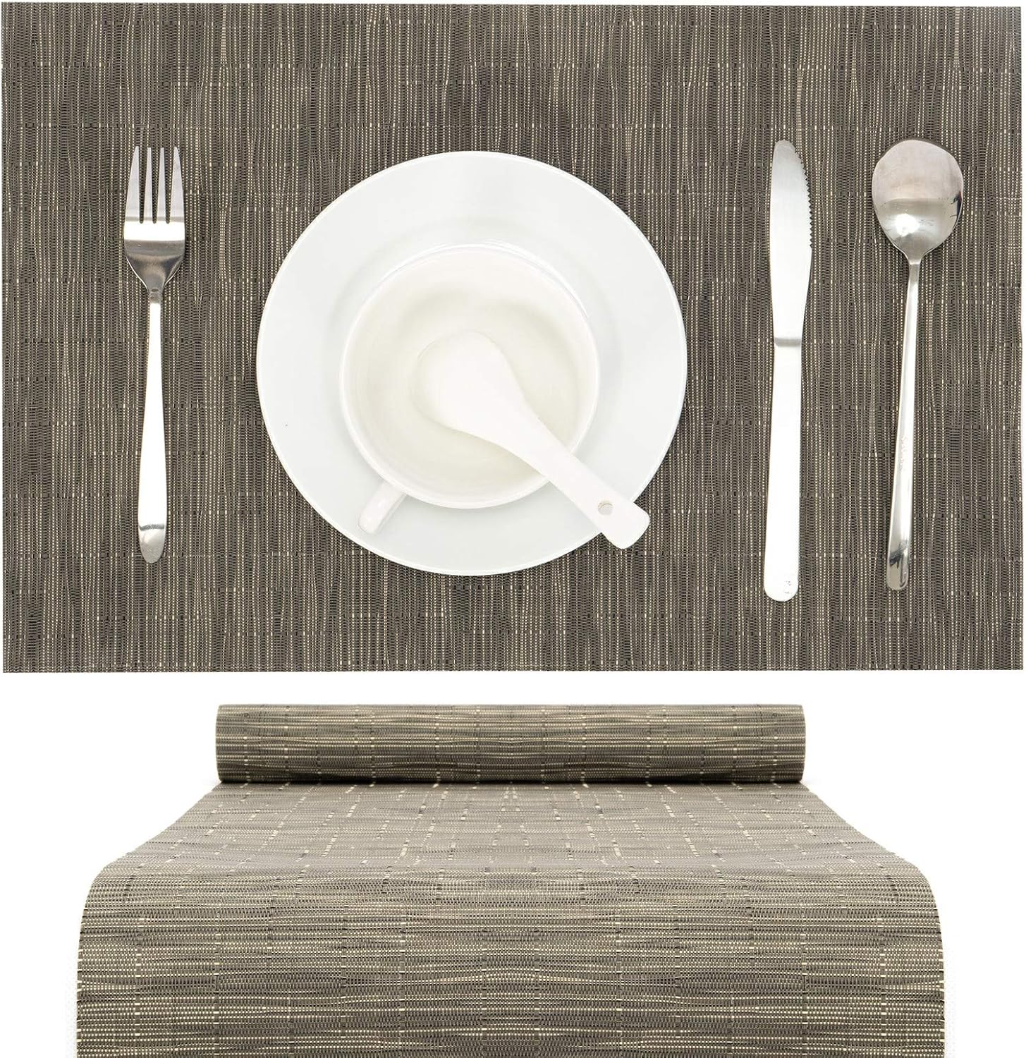 Durable Placemats 6 & Table Runner of Set,Stain Resistant Easy Clean Place Mats with Matching Table Runner,Indoor Outdoor Vinyl Washable Placemats+Runner for Kitchen Dining Table(Grey)