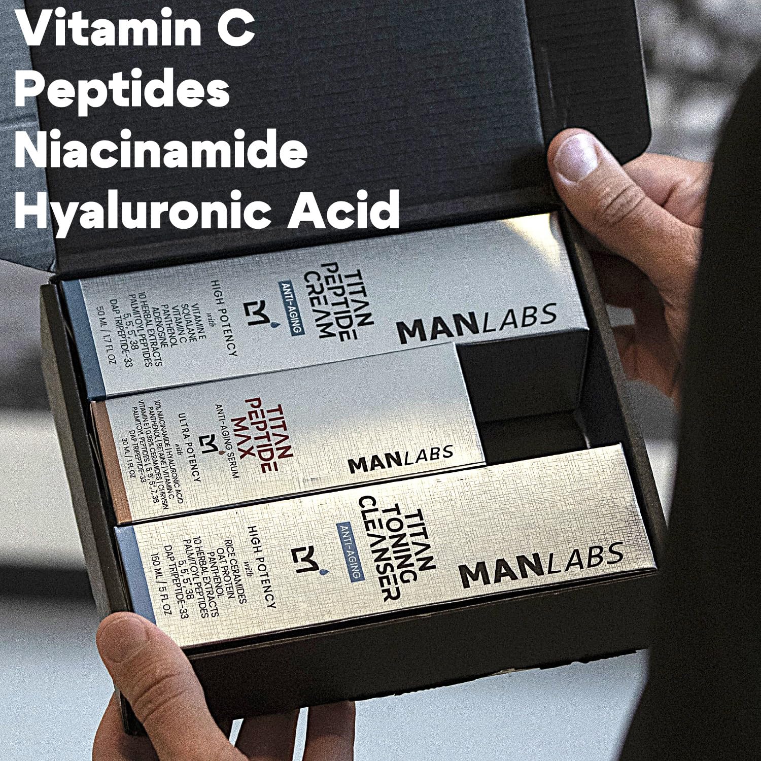 Man Labs Titan Peptide 3-Piece Anti-Aging Mens Skin Care Kit – Mens Face Serum, Men Face Moisturizer, Wash – Men, Skin Care Set –Dark Spots, Wrinkles, Fine Lines –Vitamin C, Niacinamide, HA –Unscented - Image 4