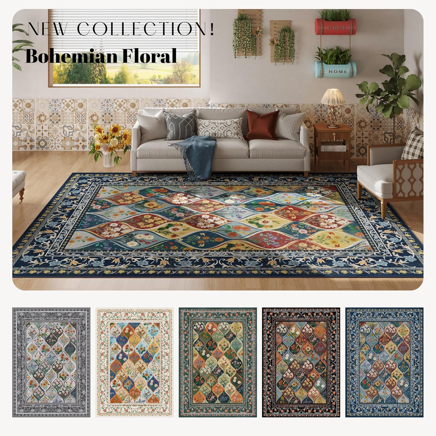 Bohemian Geometric Floral Runner Rug 2x6, Machine Washable, Soft Low Pile, Non-Slip Carpet for Laundry, Bedroom, Bathroom, Entryway | Blue