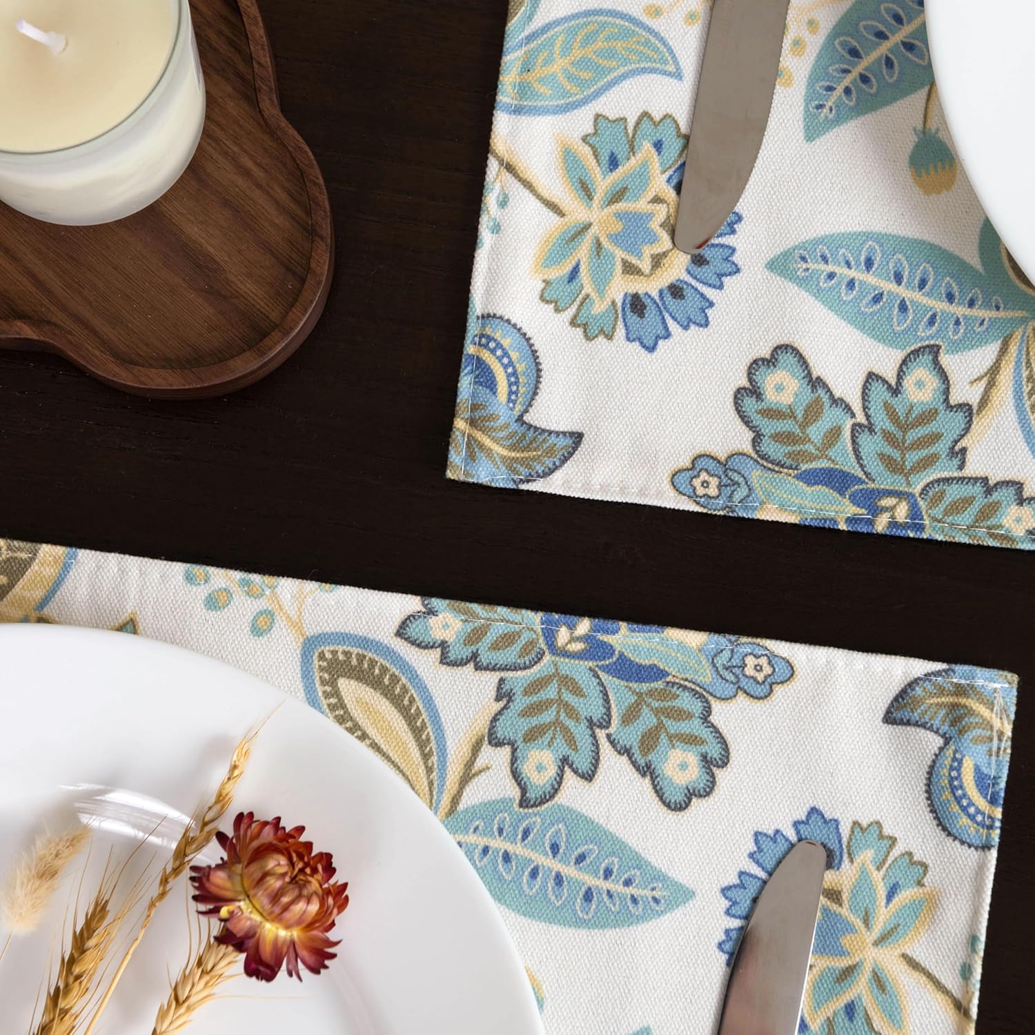 Watercolor Flowers Leaves Printed Placemats Set of 4 for Dining Table, 12 x 18 Inch for Kitchen Decoration Holiday Two Layers Washable Rectangular Table Place Mats Green