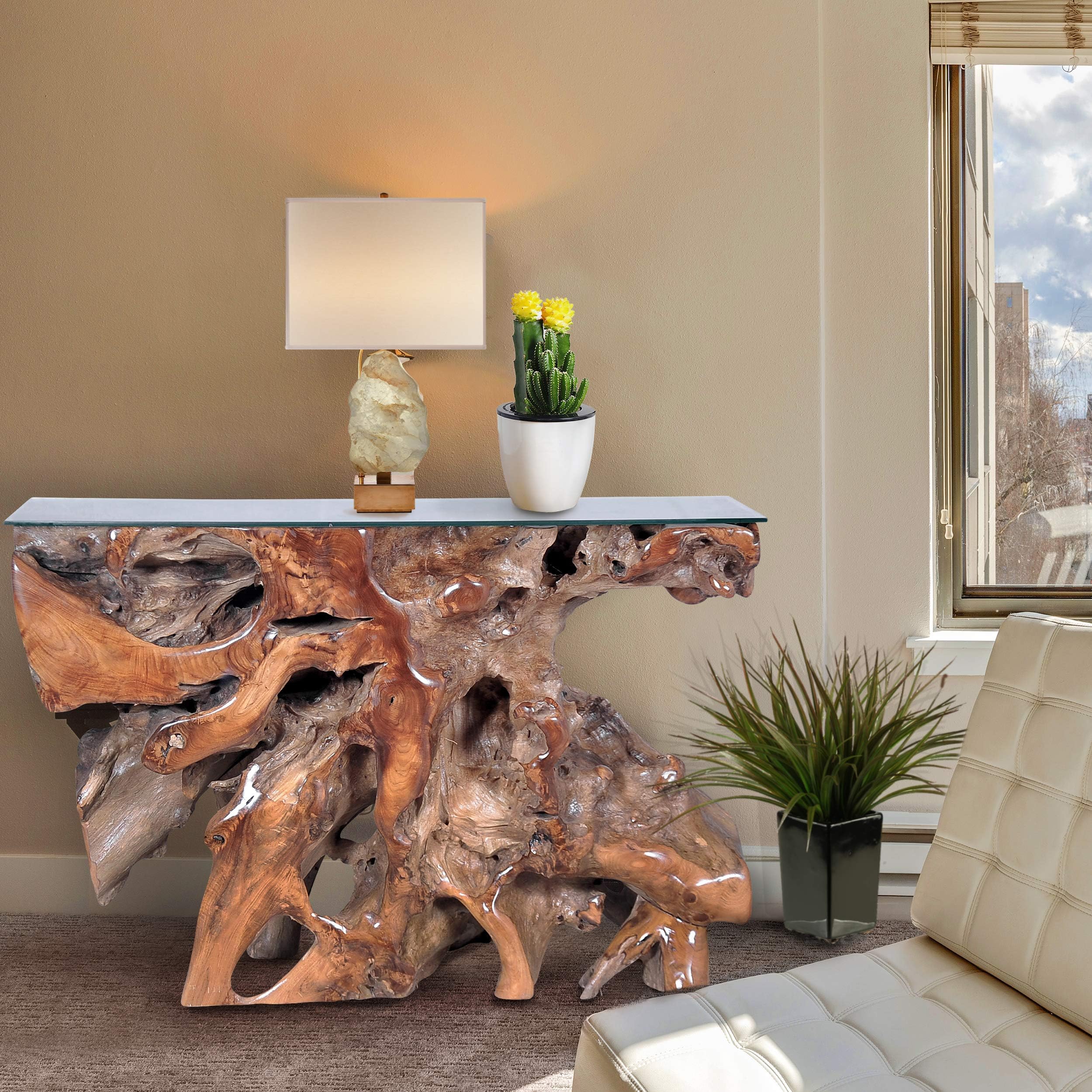 CHIC TEAK Genuine Teak Wood Root Console Table with Glass Top, 48 inch Made