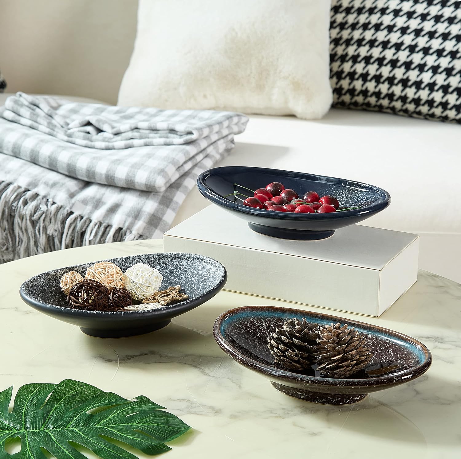 Oval Ceramic Decorative Bowl, Key Dish for Entryway Table, Small Home Decor Accent, Trinket Tray for Office Home Decor Gift (10'' Starrysky Blue with Glaze Layer)