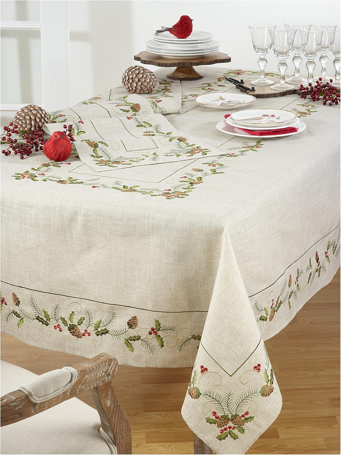 Natural Beige 80% Polyester - 20% Linen Embroidered Holiday Christmas Pinecone and Holly Dining Room or Kitchen Tablecloth, 67" X 140" Rectangular (1 Piece)