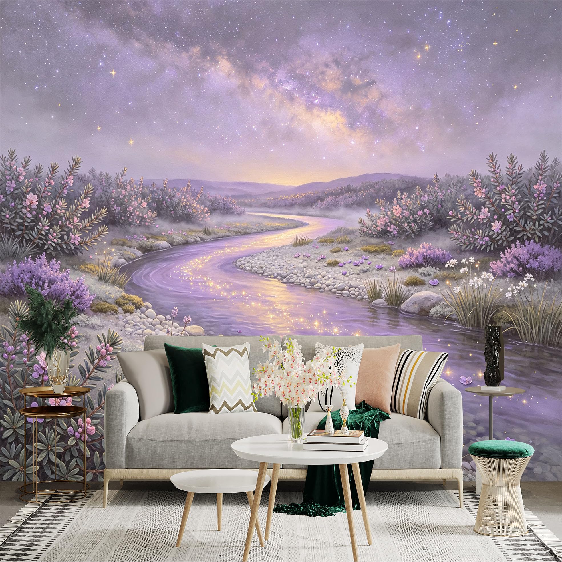 Lnzczhyre Bh260719579 Custom Size Wall Sticker Mural， Dreamy Lavender River， Glowing Starry Night Sky， Serene Coastal Landscape， For Wall Decoration， Peelandstick Wall Decals.