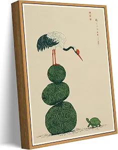 Floating Framed Crane and Turtle Canvas Wall Art - Vintage Japanese Animal Decor, 8x10in