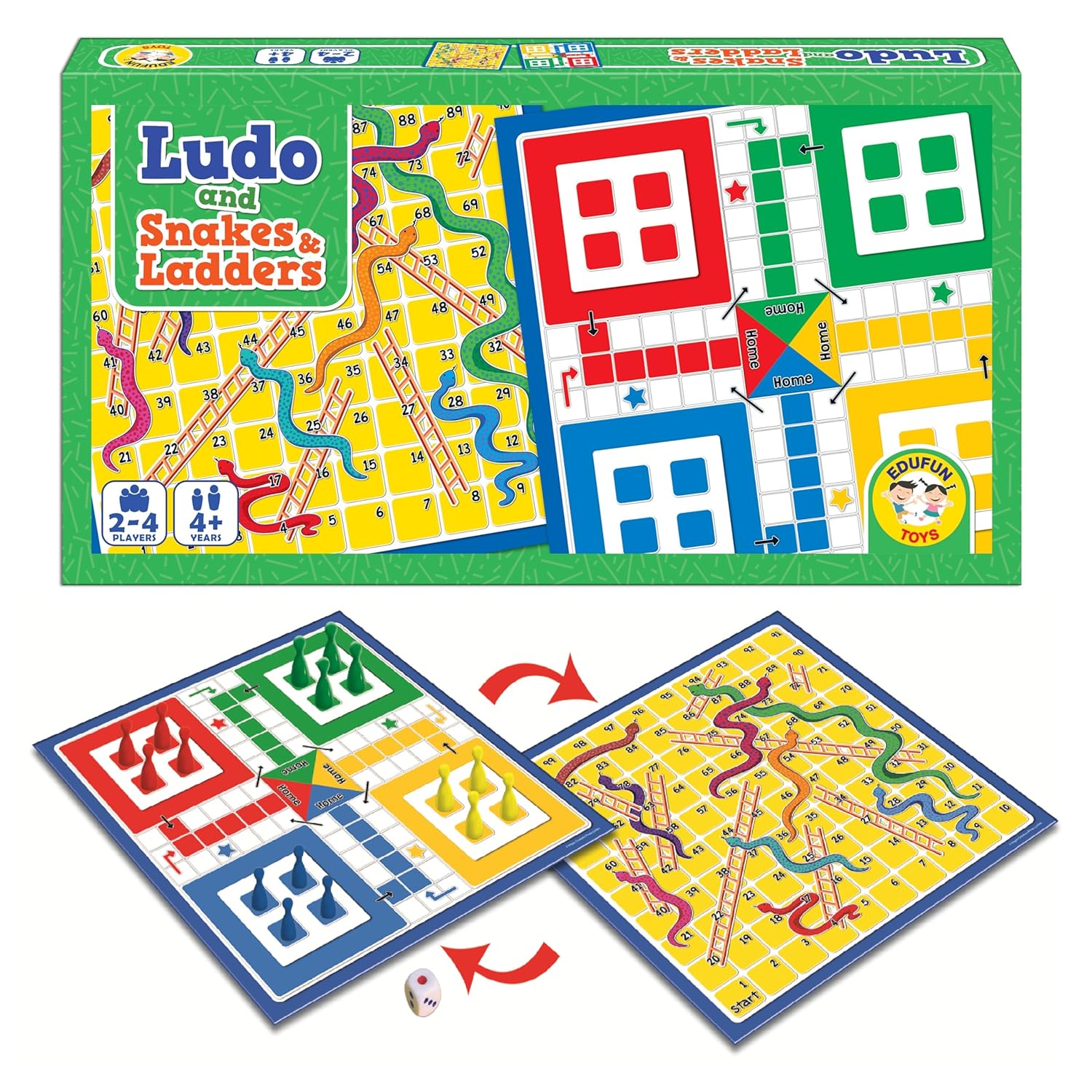 Ludo and Snakes & Ladders Board Game for Kids | 2 in 1 Double Sided Game Set | Indoor Family Game for 2-4 Players | Age 4+ | Durable & Portable