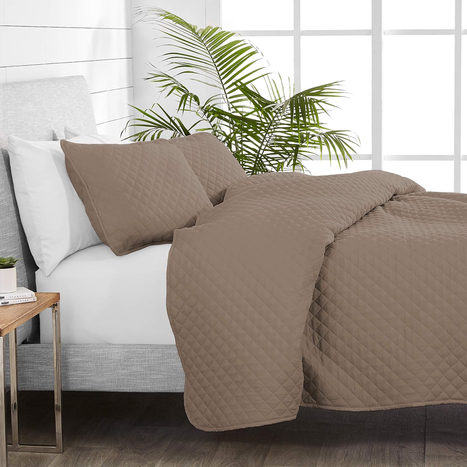 Bare Home Premium 3 Piece Quilt Set - Full/Queen Size - Coverlet Set - Diamond Stitched Bedspread - Ultra-Soft Luxurious Lightweight All Season Bedspread (Full/Queen, Taupe)