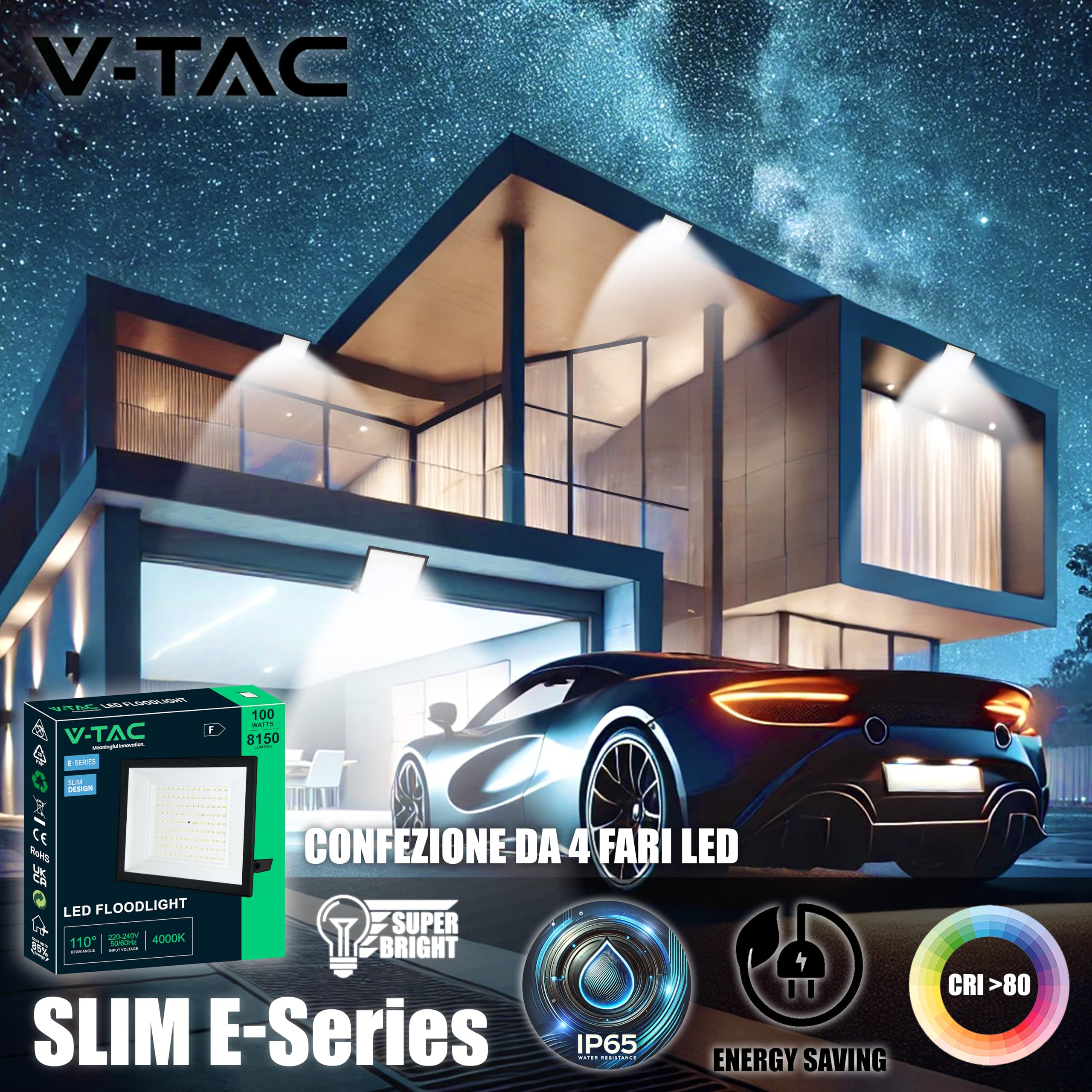 V-TAC 4x Fari LED da Esterno 100W - [ E-Series - Alte Perfomance, Bassi Consumi ] - Super Slim Design - 8150 Lumen - IP65 - Proiettore per Casa, Garage, Magazzino - Impermeabile - Luce Naturale 4000K