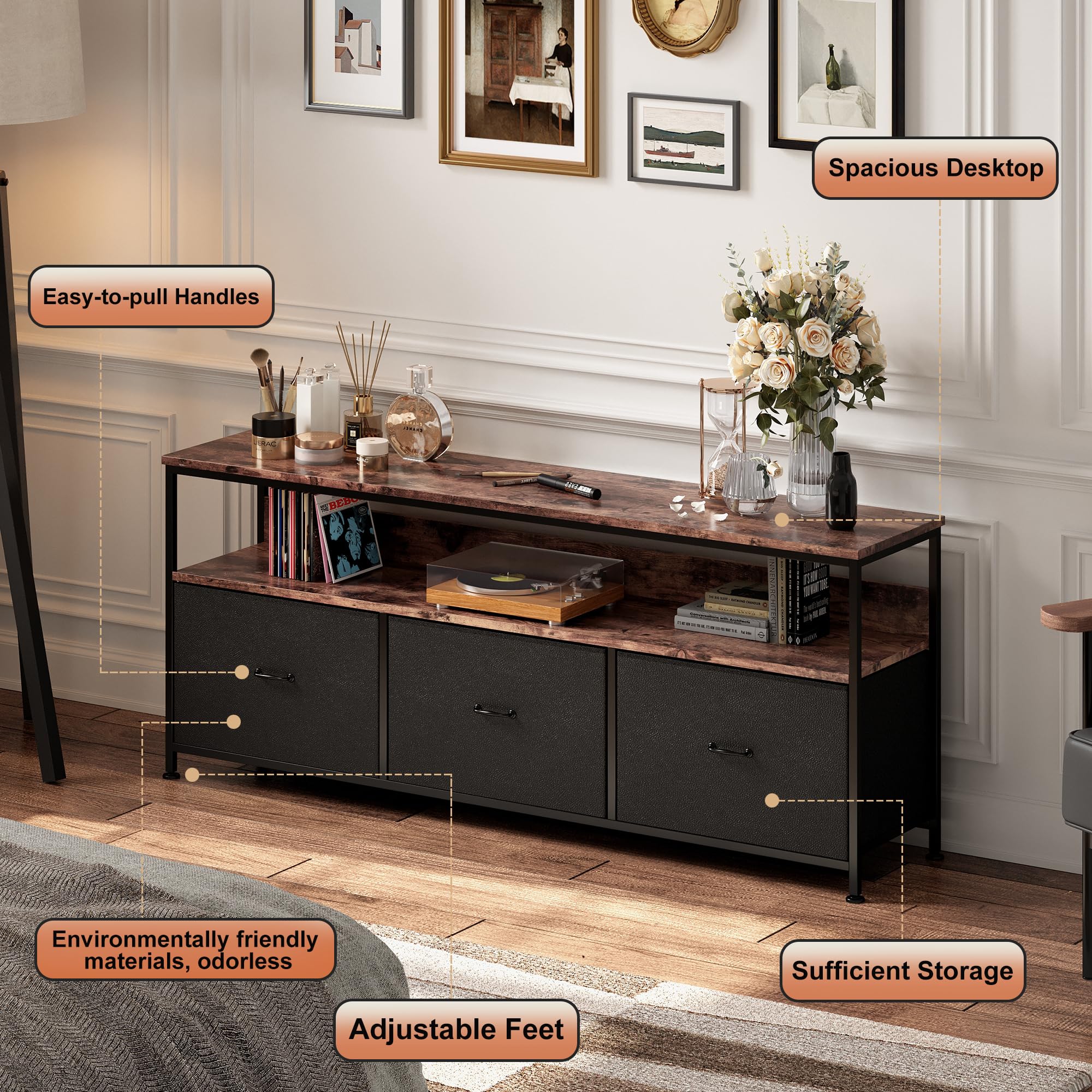 Meuble TV LED pour salon, console multimédia avec tiroirs à motif floral, lumières LED, centre de divertissement avec rangement, console de jeux avec meuble de jeux pour salon (noir B)