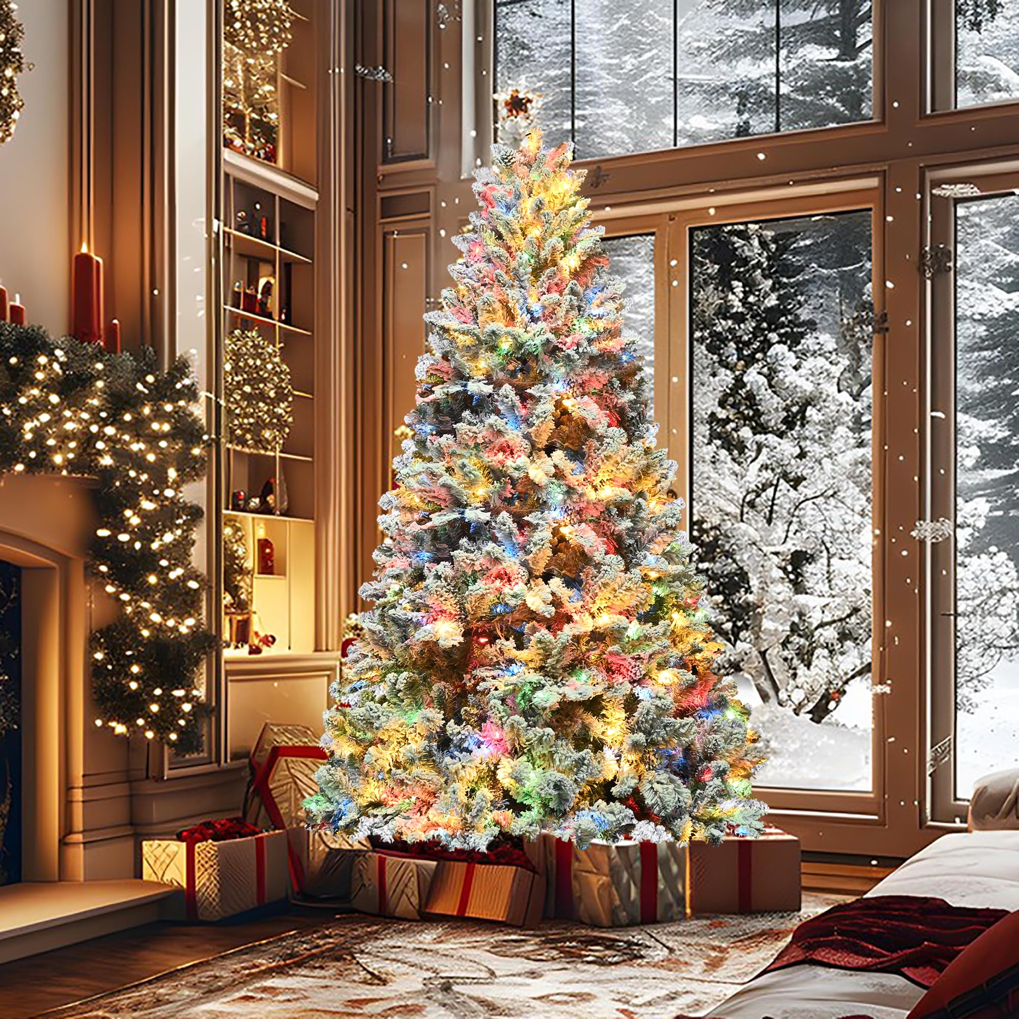 6ft pre-lit christmas tree with 350 multicolor lights, realistic snow flocked artificial pine trees with pine cones & premium pvc, sturdy foldable metal stand, easy assembly hinged design