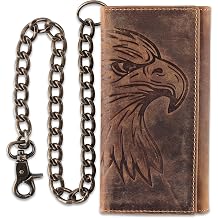 F&L CLASSIC RFID Blocking Mens Tri-fold Long Style Cowhide Leather Steel Chain Wallet,brown eagle head,212-102