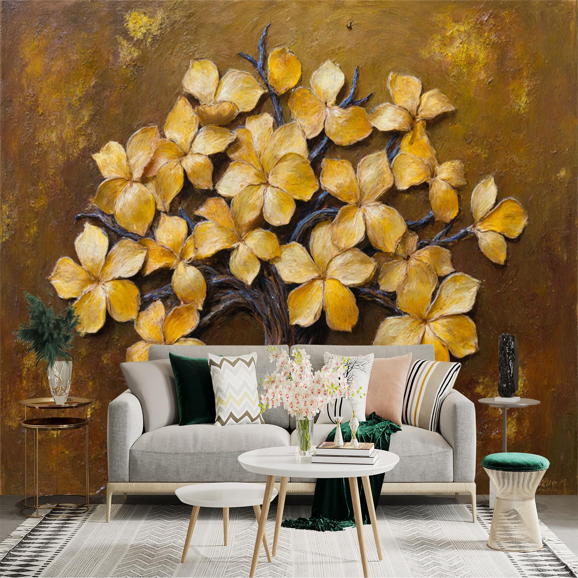 Custom Size Wall Sticker Mural， Abstract Golden Tree with Oil Painting Texture， Floral Botanical Art， for wall Decoration， peelandstick wall Decals.
