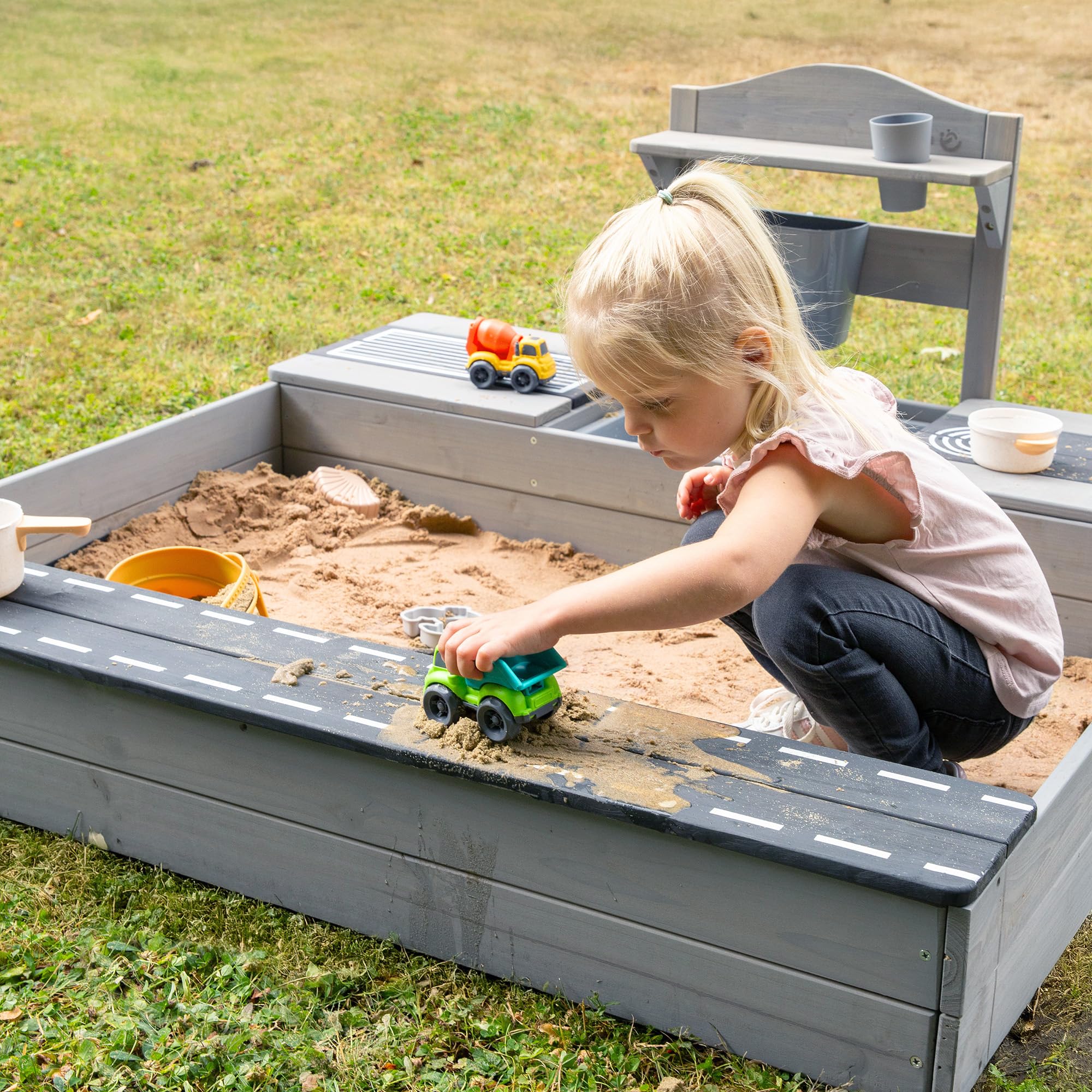 roba Sabbiera per Bambini - Certificata FSC con Cucina da Esterno - Resistente alle Intemperie - dai 12 Mesi - per Giardino, Terrazza, Balcone - Legno Massiccio - Grigio Smaltato
