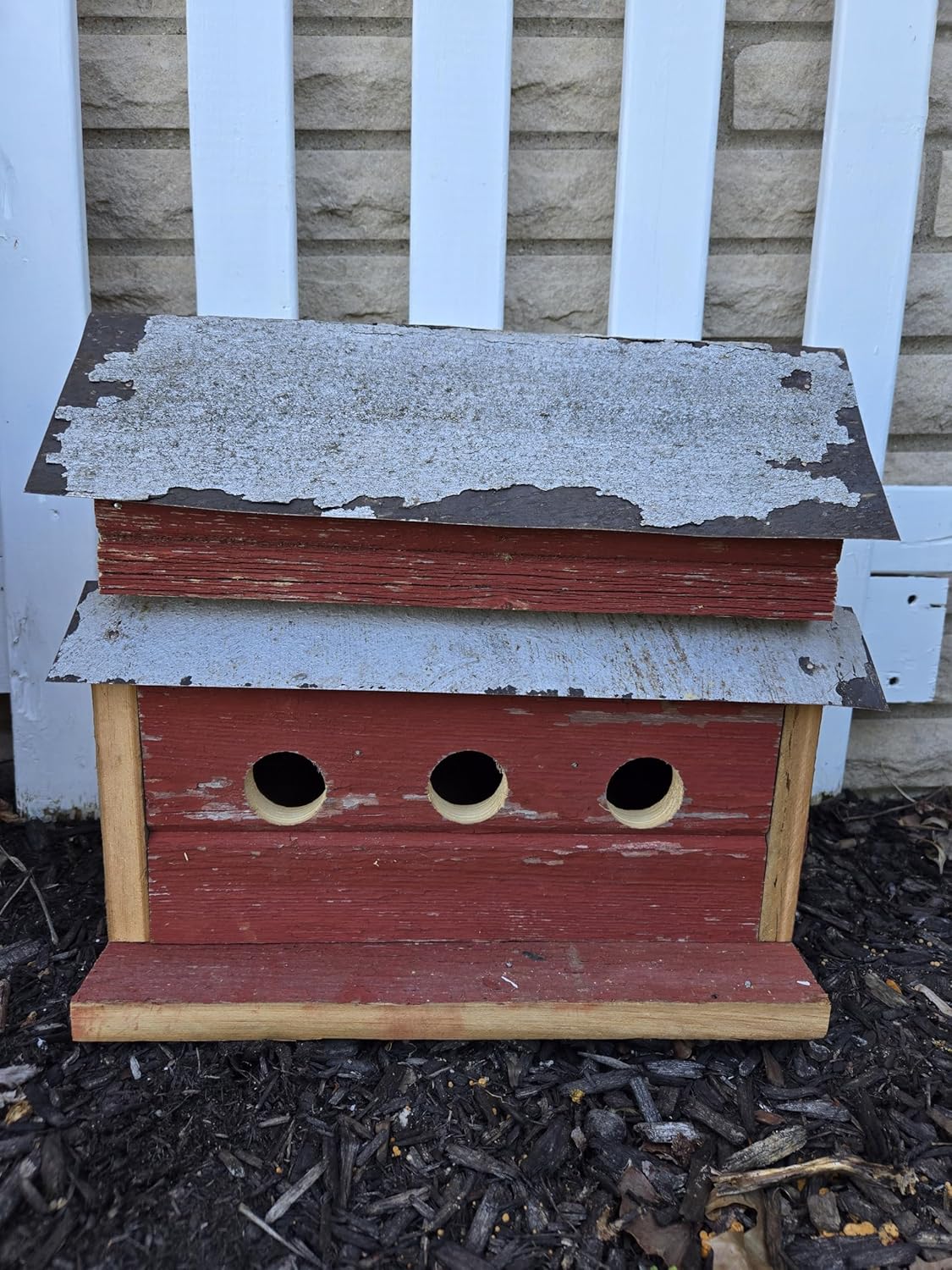 Handcrafted 3 Hole Barnwood Birdhouse. Made From 100 + Year Old Barnwood with a Tin Roof. Great Addition to Your Garden Landscape.