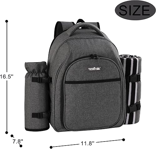 Miniatura 65 de apollo walker Mochila de picnic para 2 personas con compartimento refrigerador, soporte desmontable para botellas/vino, manta de vellón, platos