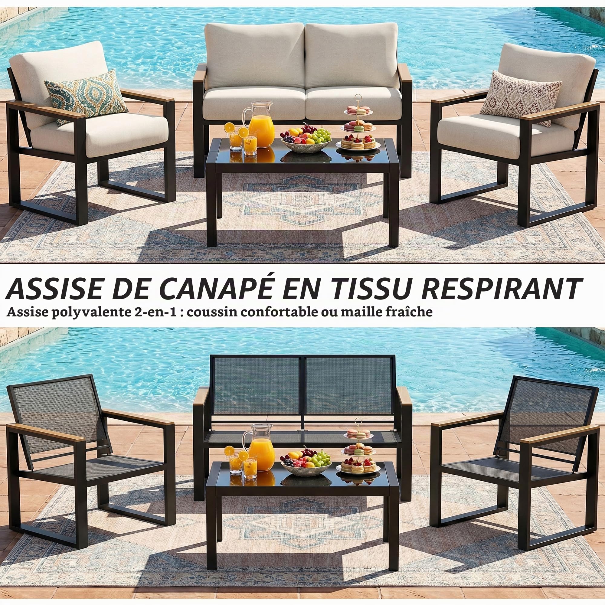 NATURAL EXPRESSIONS Salon de Jardin extérieur modulable 4 pièces en métal, accoudoirs Imitation Bois, Tissu Textilène avec Coussins Olefin 10 cm, Beige
