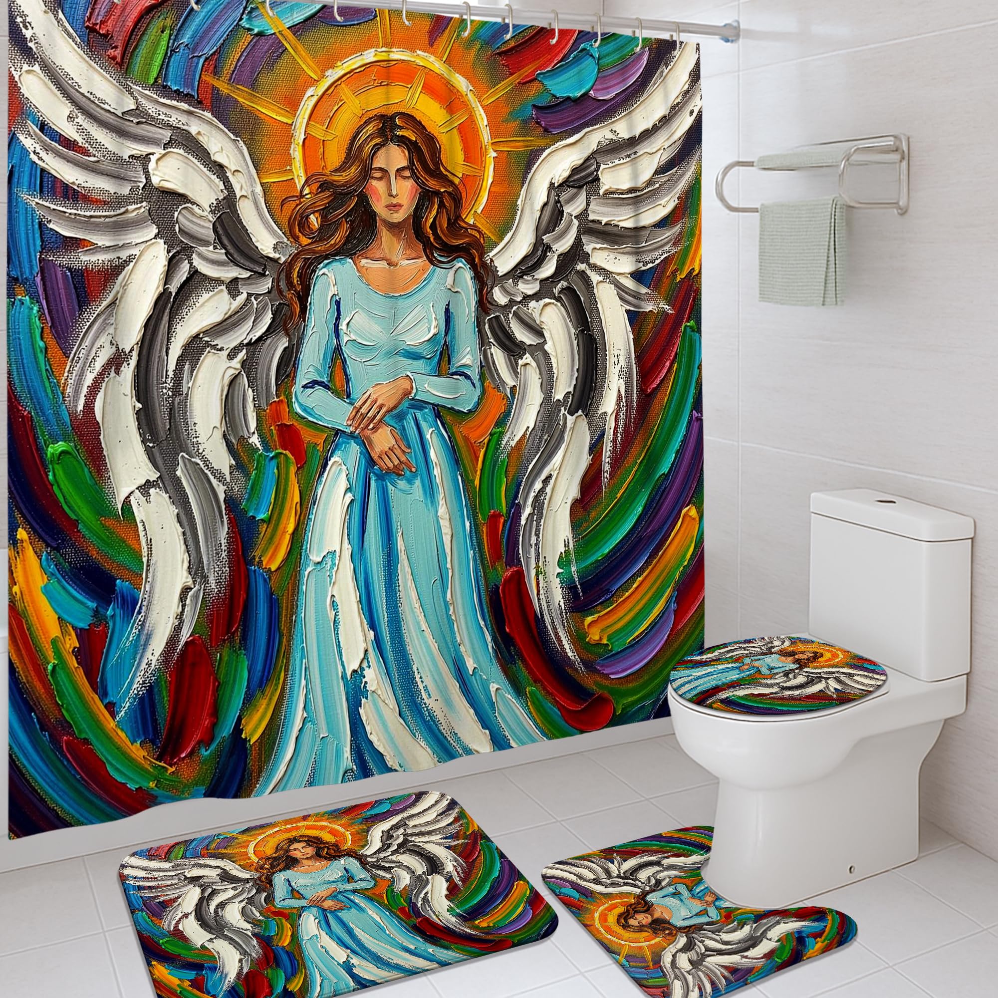 Rideau de douche étanche motif ange bleu anti-éclaboussure avec tapis