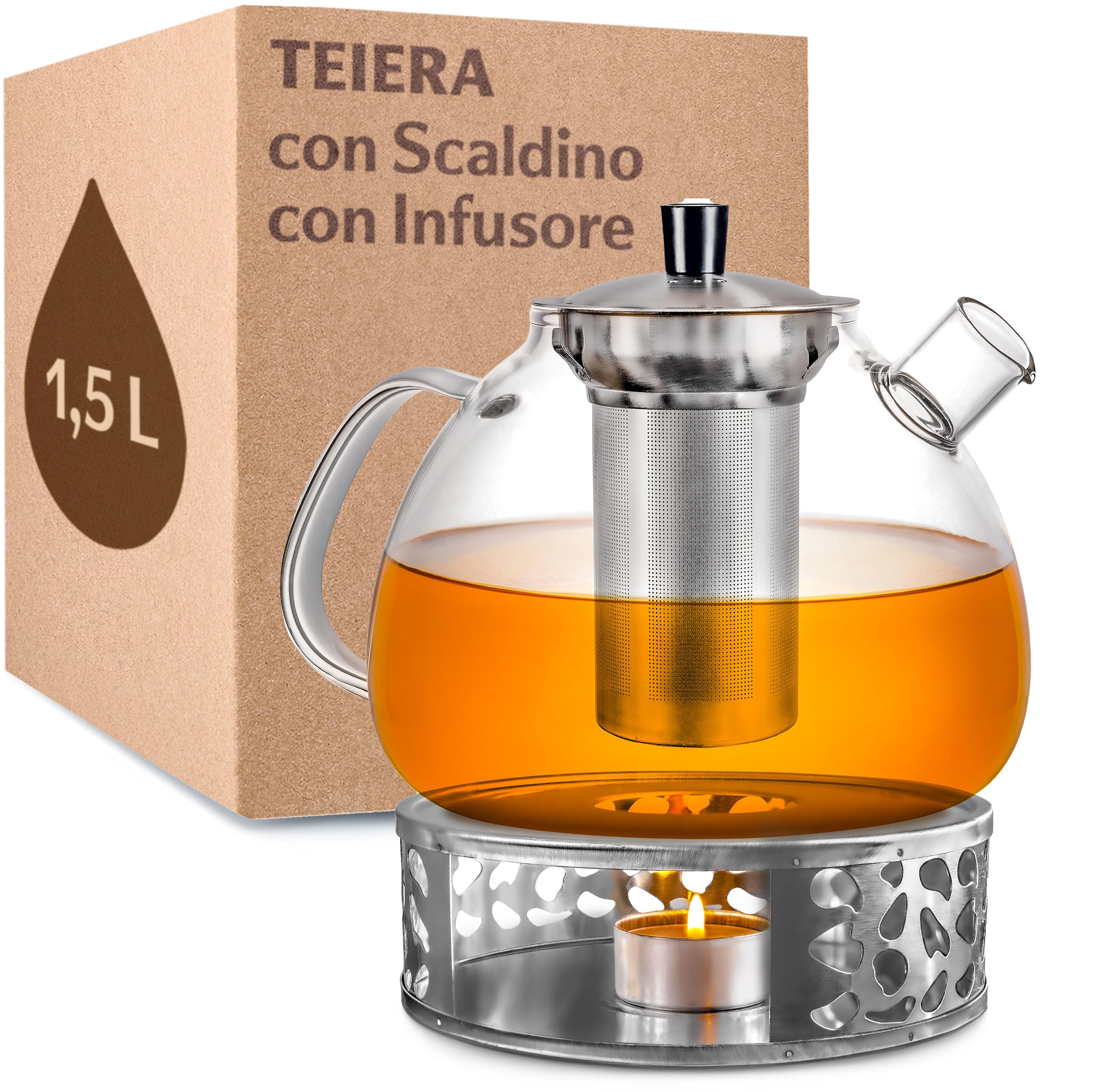 Cosumy Teiera con Infusore con Scaldino - 1,5l Vetro Borosilicato - Lavabile in Lavastoviglie - Resistente al Calore - Grandi Teiera