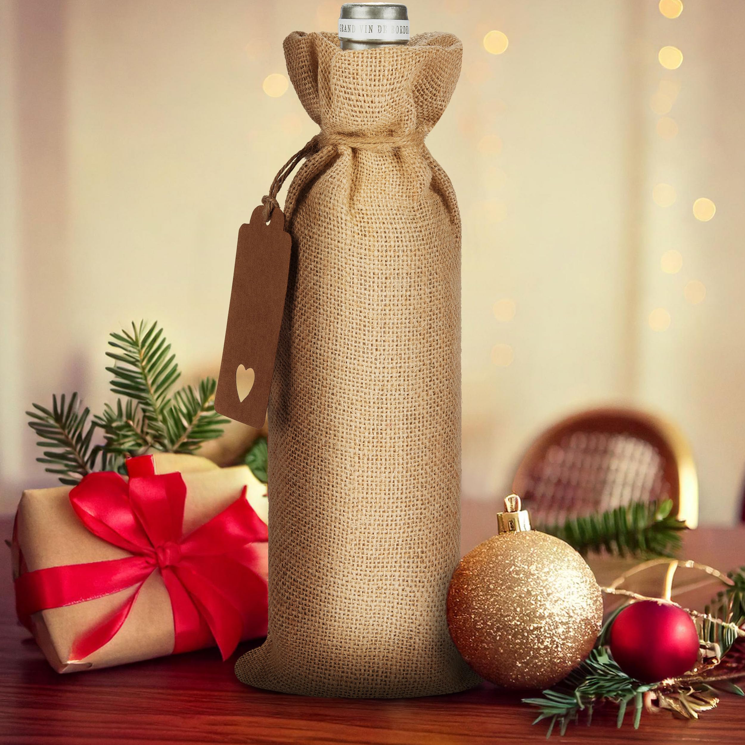 Brubaker Sacchetto da Vino per Natale in Juta - Unicolore - 36 cm x 17 cm - Borsa da Vino per Vino, Spumante e Champagne - Sacchetto da Bottiglia per Regalo di Natale