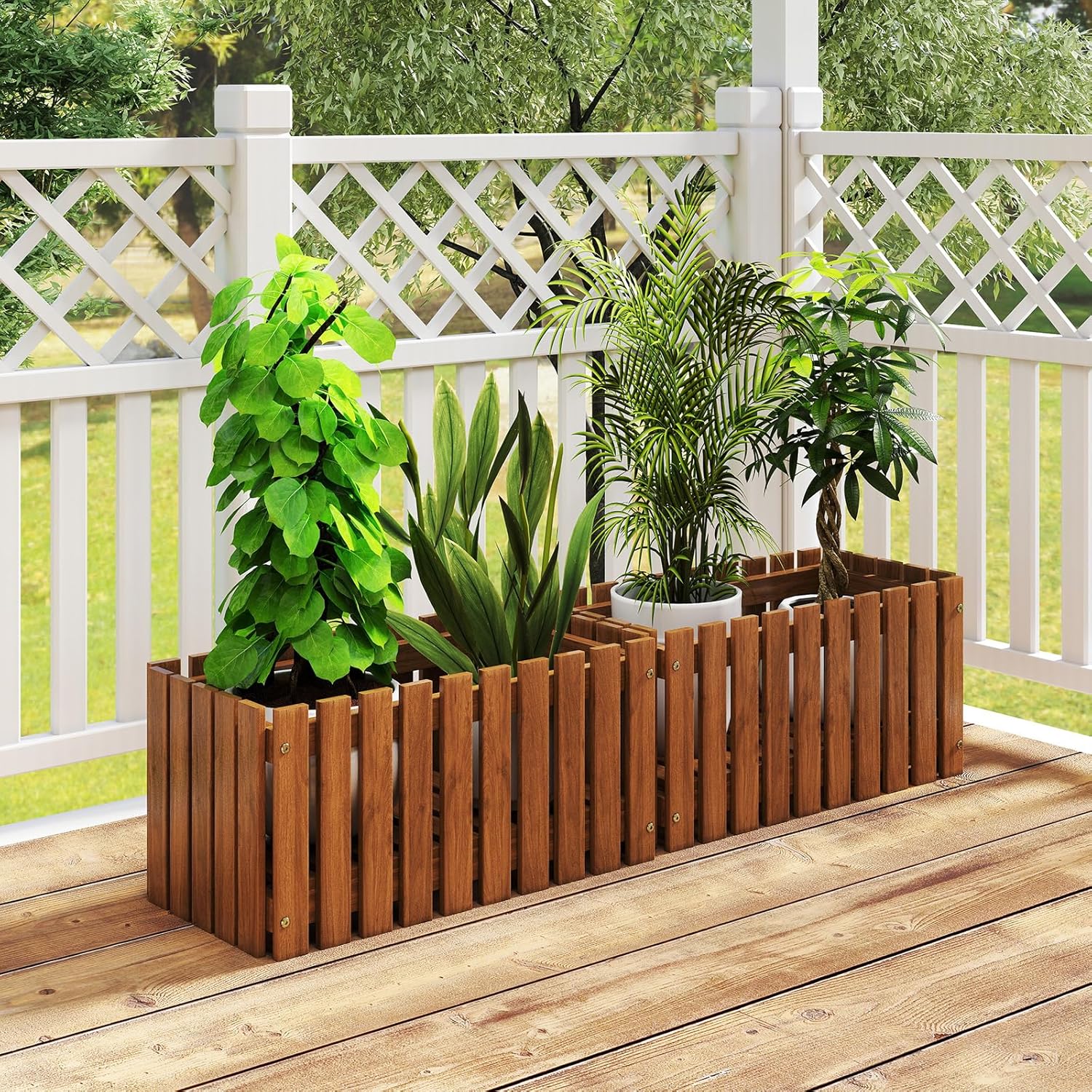 HAPPYGRILL Slat Style Planter Box, Wood Raised Garden Bed for Flower Vegetable, Rectangular Plant Container for Flowerpot Potted Plant, Indoor Outdoor Flower Box for Patio Porch Yard Balcony (1)