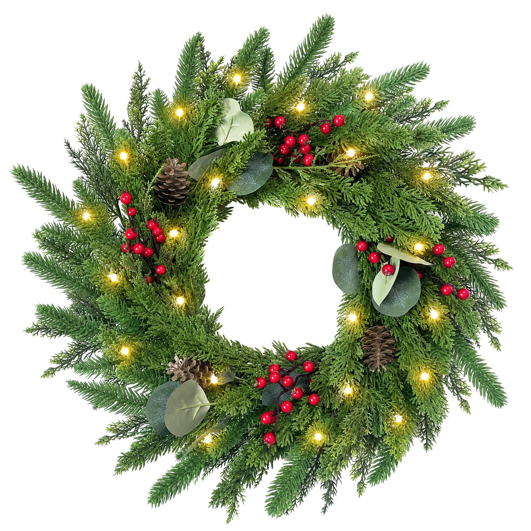 Arganol Red 24 Inch Christmas Wreath For Front Door Artificial Wreath With Lights